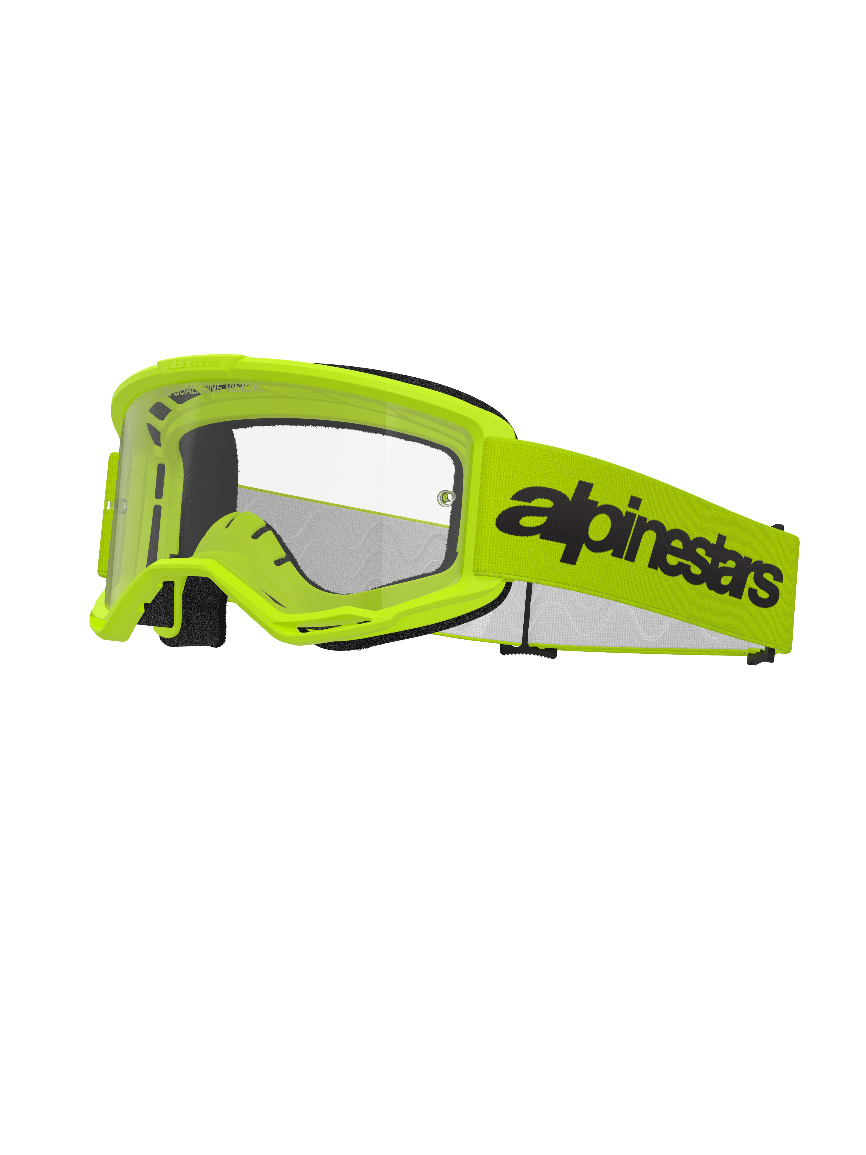 Alpinestars Vision 3 Wordmark Goggles, occhiali da motocross, giallo fluo e nero, lente trasparente, ampia fascia gialla con logo wordmark nero, imbottitura in schiuma nera, occhiali per corse fuoristrada