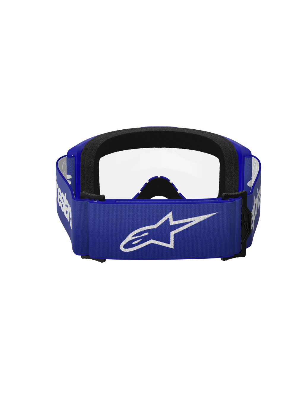 Alpinestars Vision 3 Wordmark Goggles, occhiali da motocross, blu e trasparente, vista posteriore con ampia fascia blu e logo A-star bianco, imbottitura in schiuma nera e lente trasparente, progettati per il fuoristrada