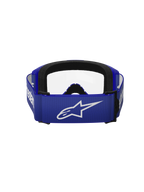 Alpinestars Vision 3 Wordmark Goggles, occhiali da motocross, blu e trasparente, vista posteriore con ampia fascia blu e logo A-star bianco, imbottitura in schiuma nera e lente trasparente, progettati per il fuoristrada