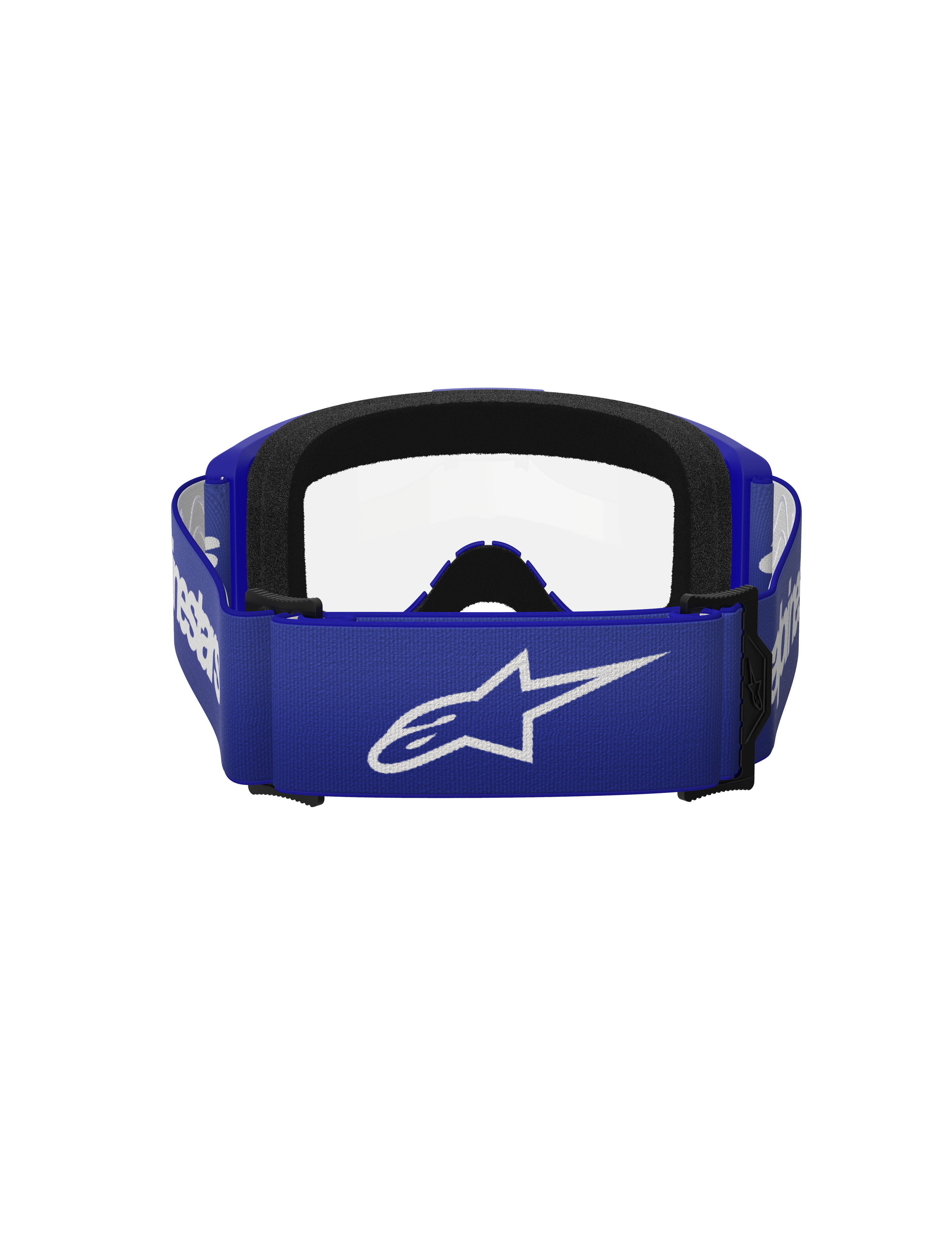 Alpinestars Vision 3 Wordmark Goggles, occhiali da motocross, blu e trasparente, vista posteriore con ampia fascia blu e logo A-star bianco, imbottitura in schiuma nera e lente trasparente, progettati per il fuoristrada