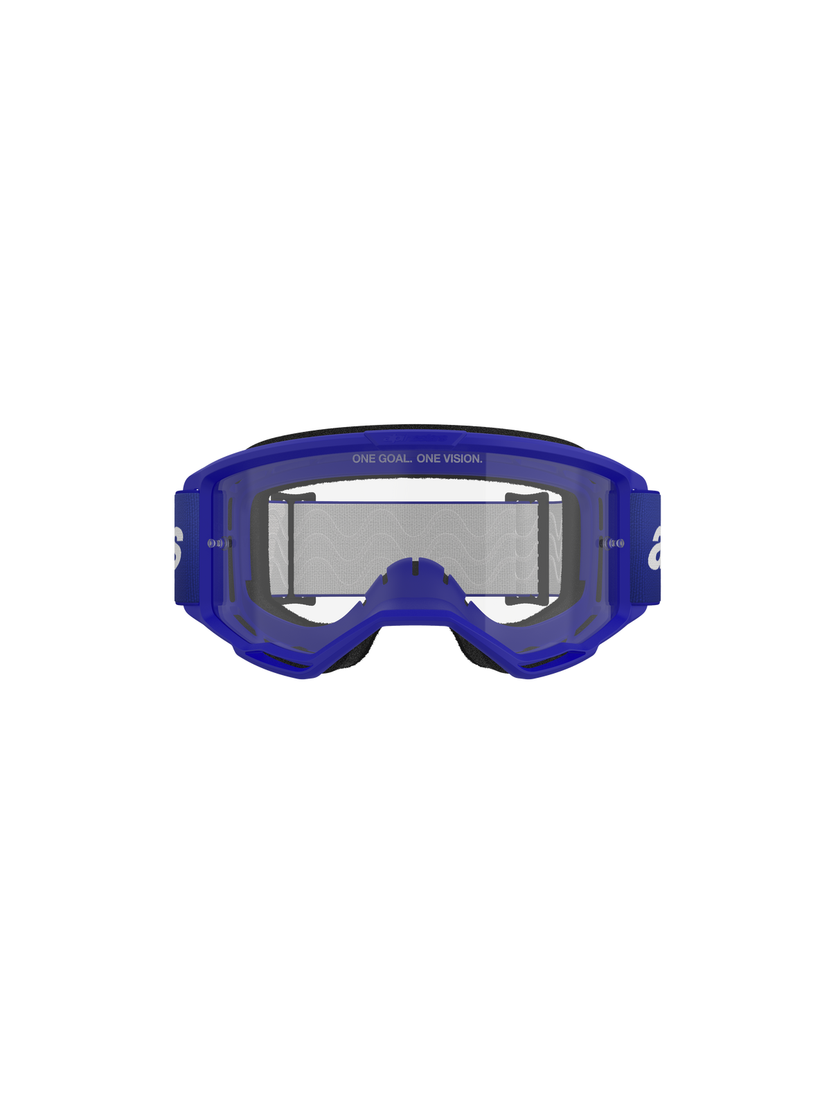 Maschere Alpinestars Vision 3 Wordmark, maschere da motocross, blu trasparente, vista frontale che mostra la montatura blu A-FLEX e la lente trasparente antiappannamento con testo "ONE GOAL. ONE VISION.", ampia fascia blu con branding bianco