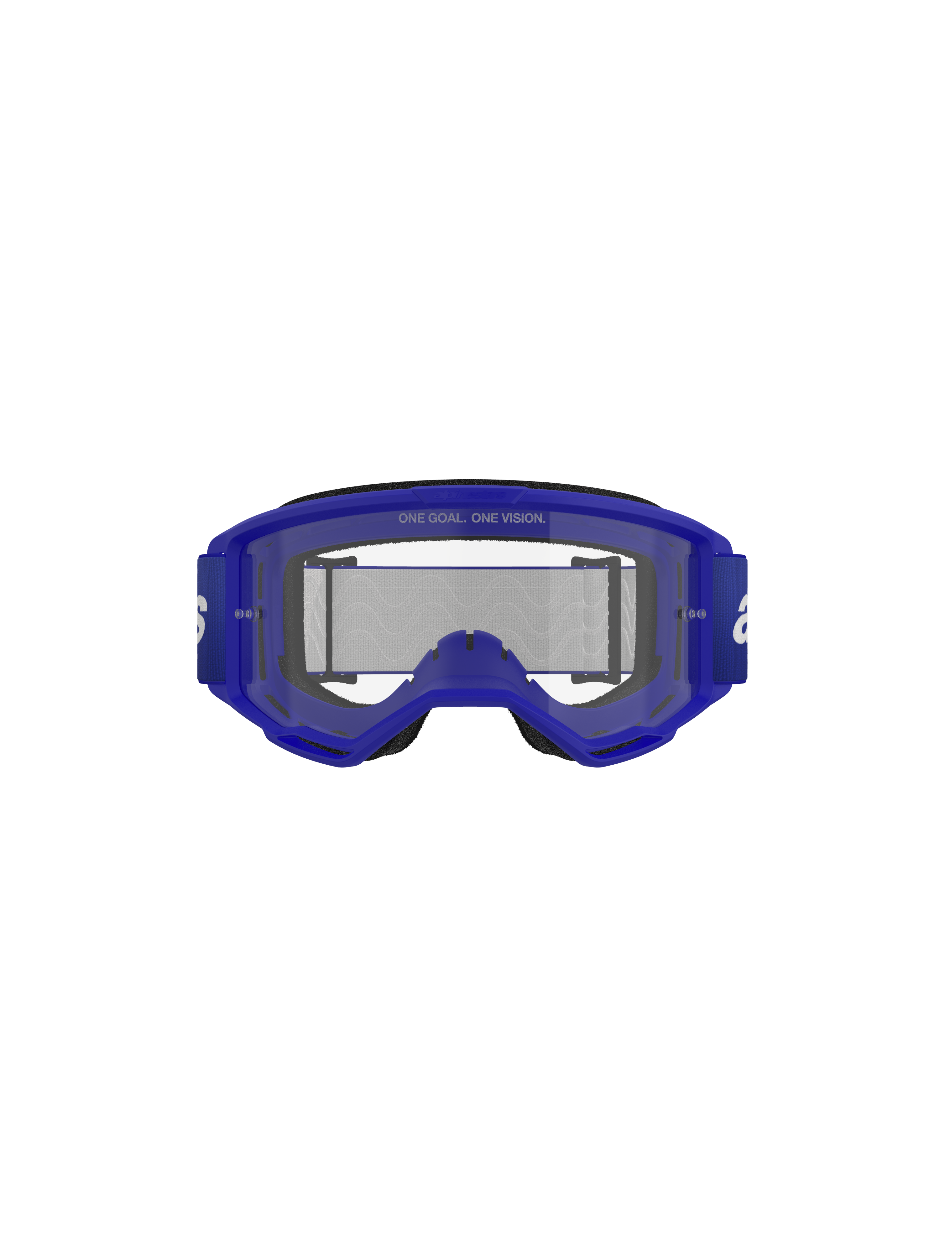 Maschere Alpinestars Vision 3 Wordmark, maschere da motocross, blu trasparente, vista frontale che mostra la montatura blu A-FLEX e la lente trasparente antiappannamento con testo "ONE GOAL. ONE VISION.", ampia fascia blu con branding bianco