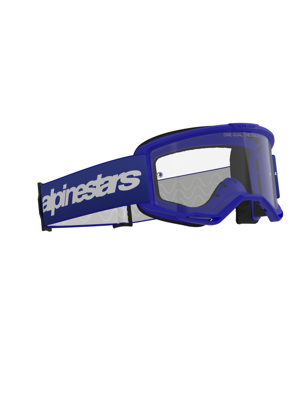 Alpinestars Vision 3 Wordmark Goggles, occhiali da motocross, blu e trasparenti, con montatura A-FLEX blu, lente in policarbonato trasparente antiappannamento e un'ampia fascia blu scuro con logo Alpinestars bianco, protezione oculare resistente per fuoristrada