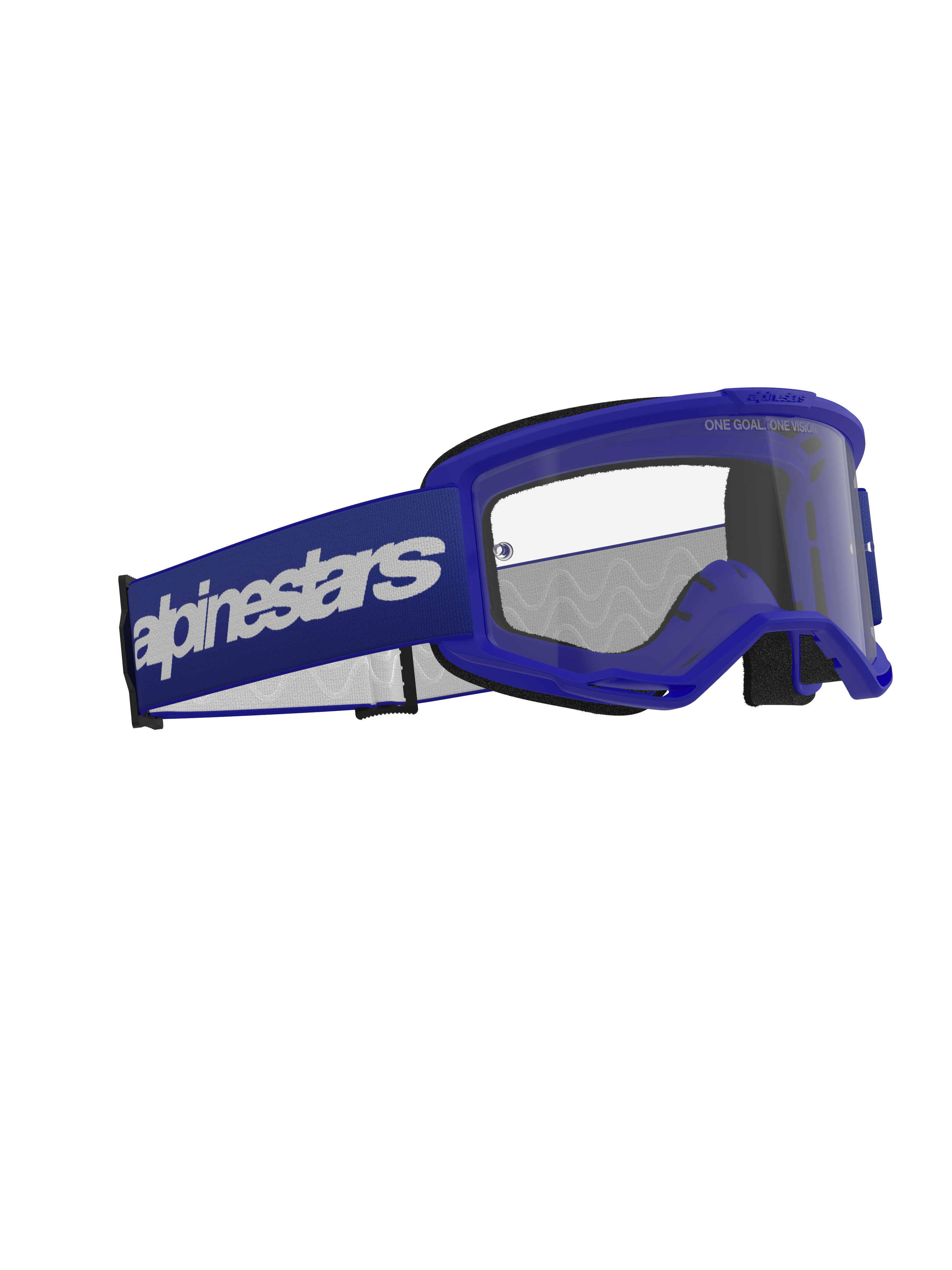 Alpinestars Vision 3 Wordmark Goggles, occhiali da motocross, blu e trasparenti, con montatura A-FLEX blu, lente in policarbonato trasparente antiappannamento e un'ampia fascia blu scuro con logo Alpinestars bianco, protezione oculare resistente per fuoristrada