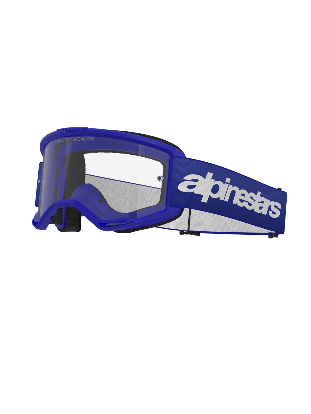 Alpinestars Vision 3 Wordmark Goggles, occhiali da motocross, blu e bianco, lente trasparente, imbottitura in schiuma nera, cinturino elastico blu regolabile con logo wordmark bianco, montatura ventilata