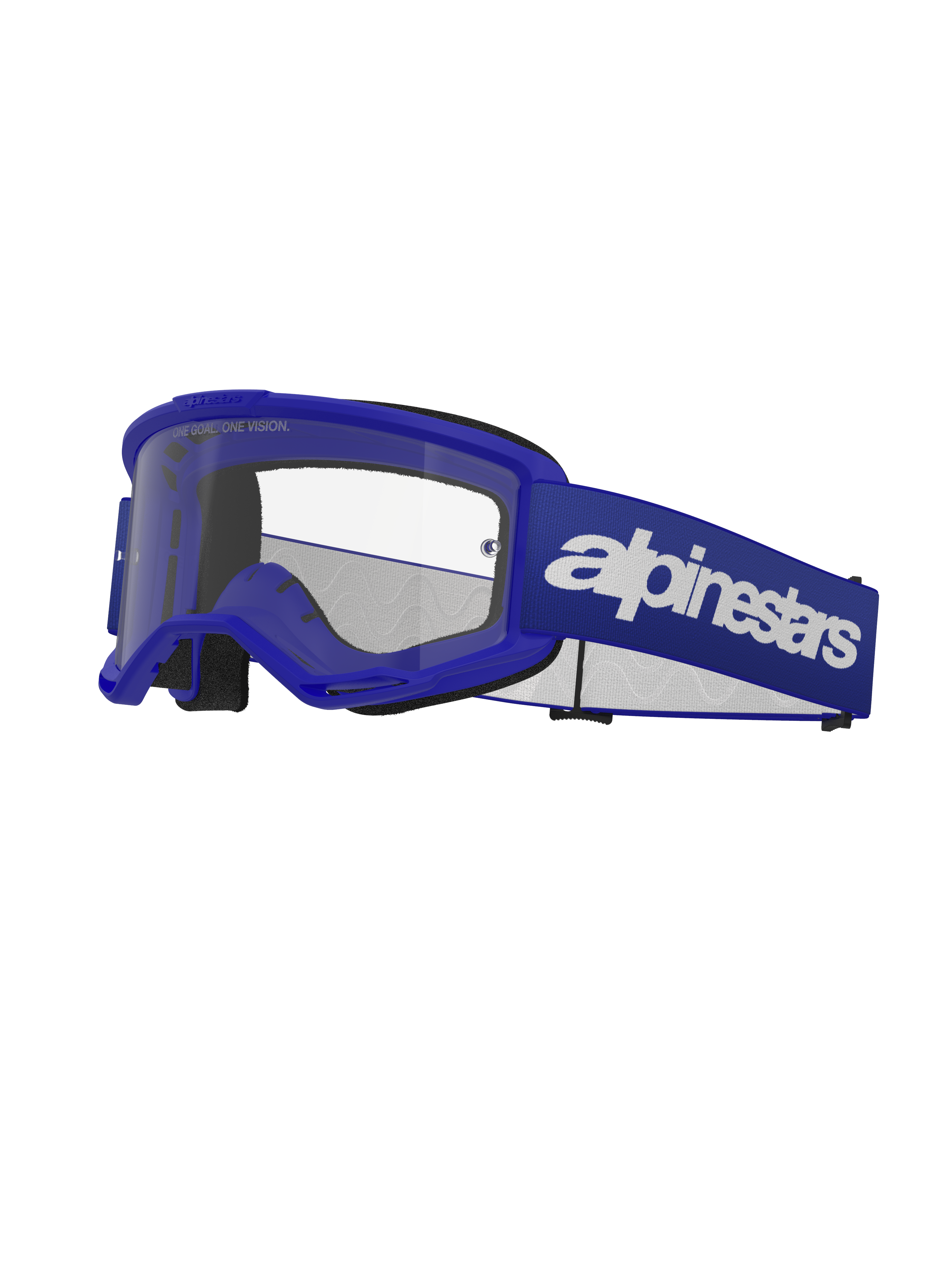Alpinestars Vision 3 Wordmark Goggles, occhiali da motocross, blu e bianco, lente trasparente, imbottitura in schiuma nera, cinturino elastico blu regolabile con logo wordmark bianco, montatura ventilata
