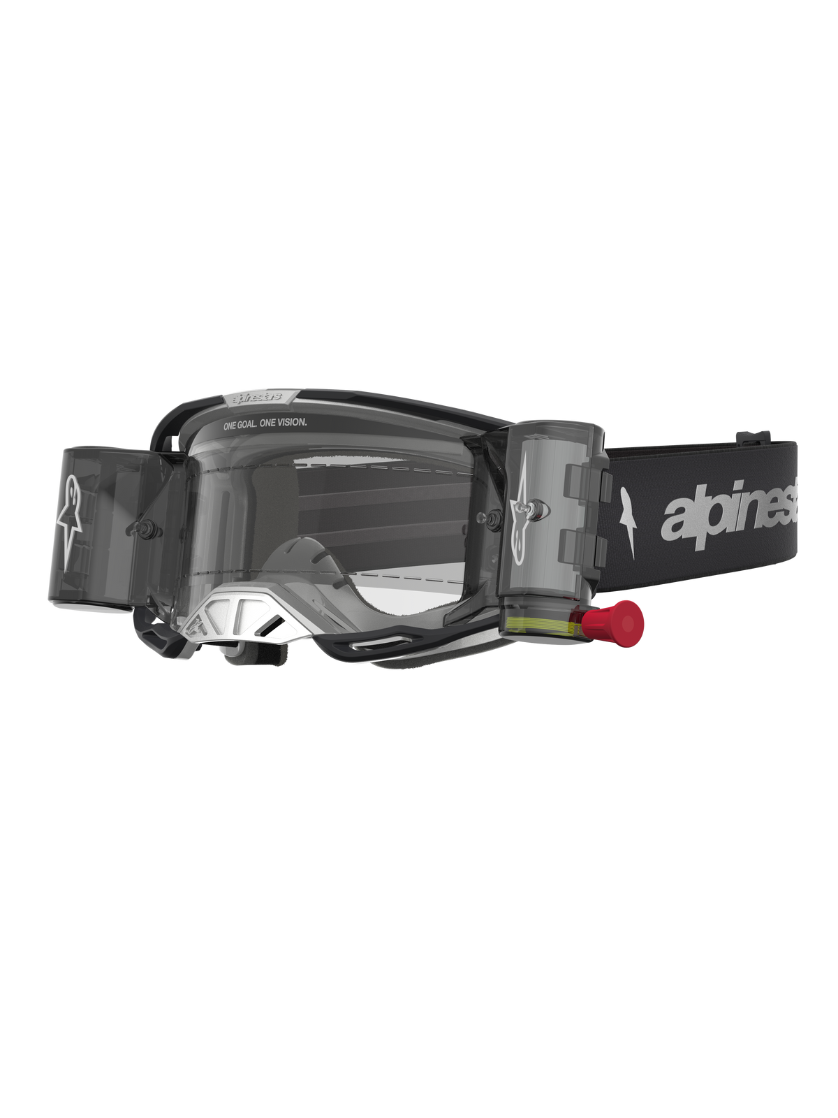 Alpinestars Maschere Vision 8 Amber Roll Off, maschere motocross nero e argento con sistema roll-off e lente trasparente.