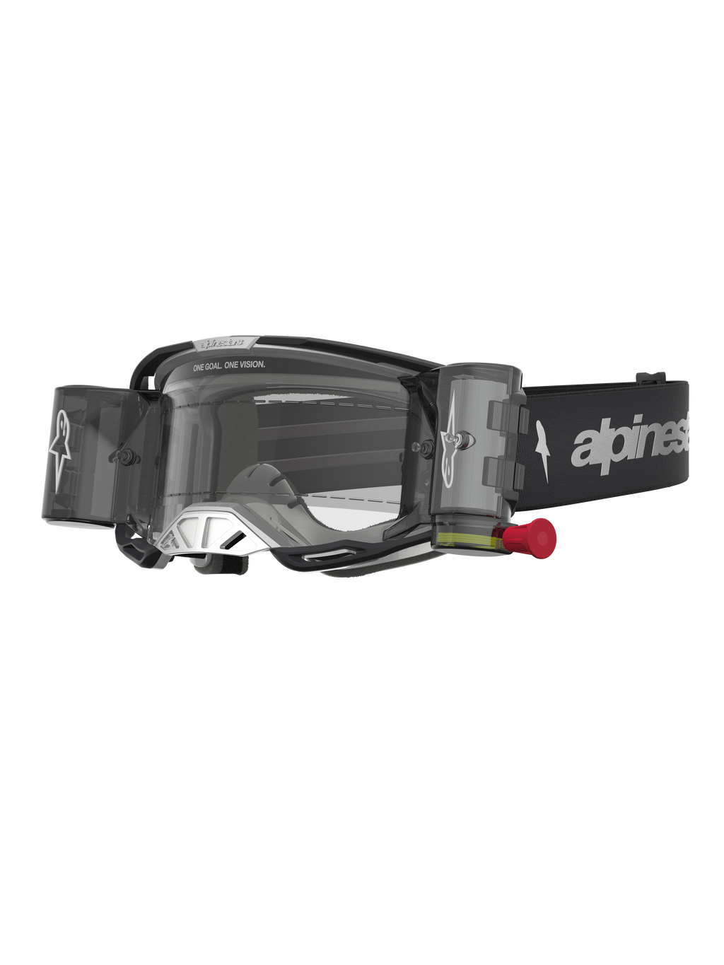 Alpinestars Maschere Vision 8 Amber Roll Off, maschere motocross nero e argento con sistema roll-off e lente trasparente.