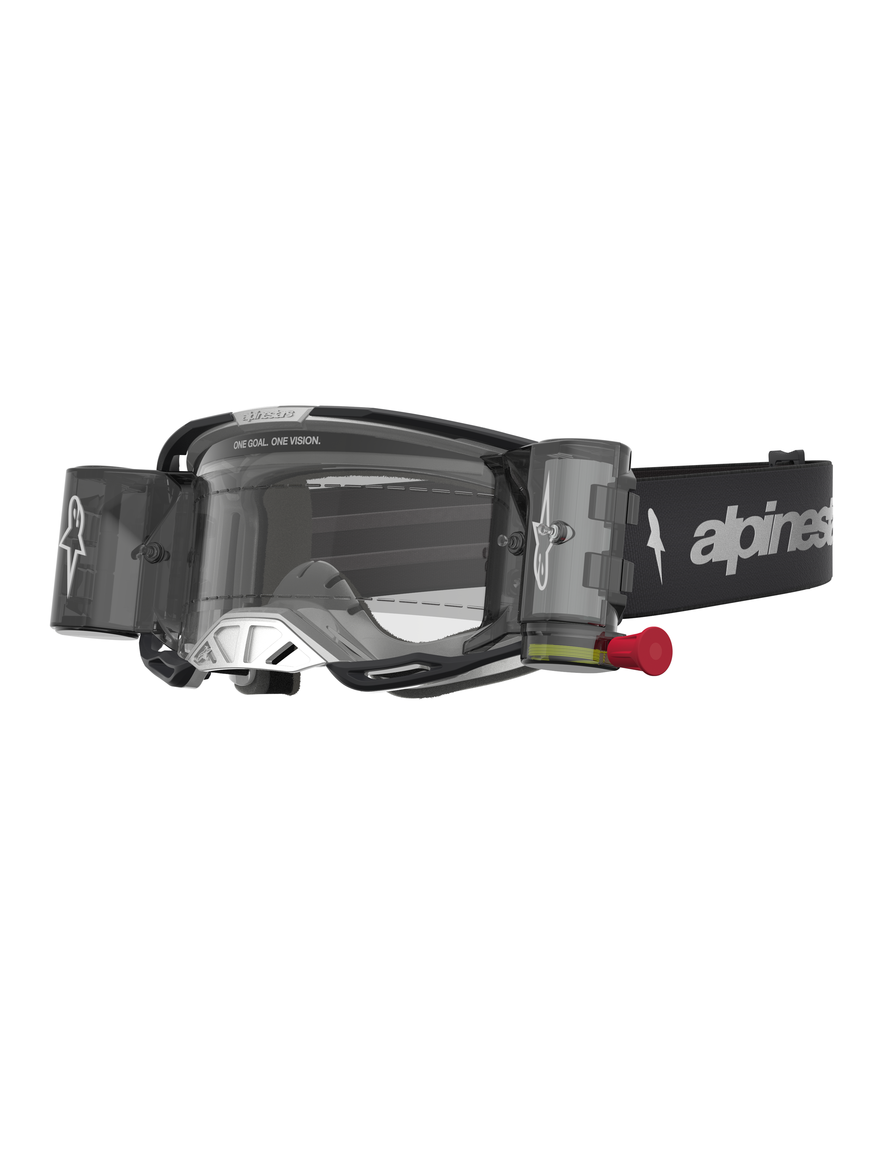 Alpinestars Maschere Vision 8 Amber Roll Off, maschere motocross nero e argento con sistema roll-off e lente trasparente.