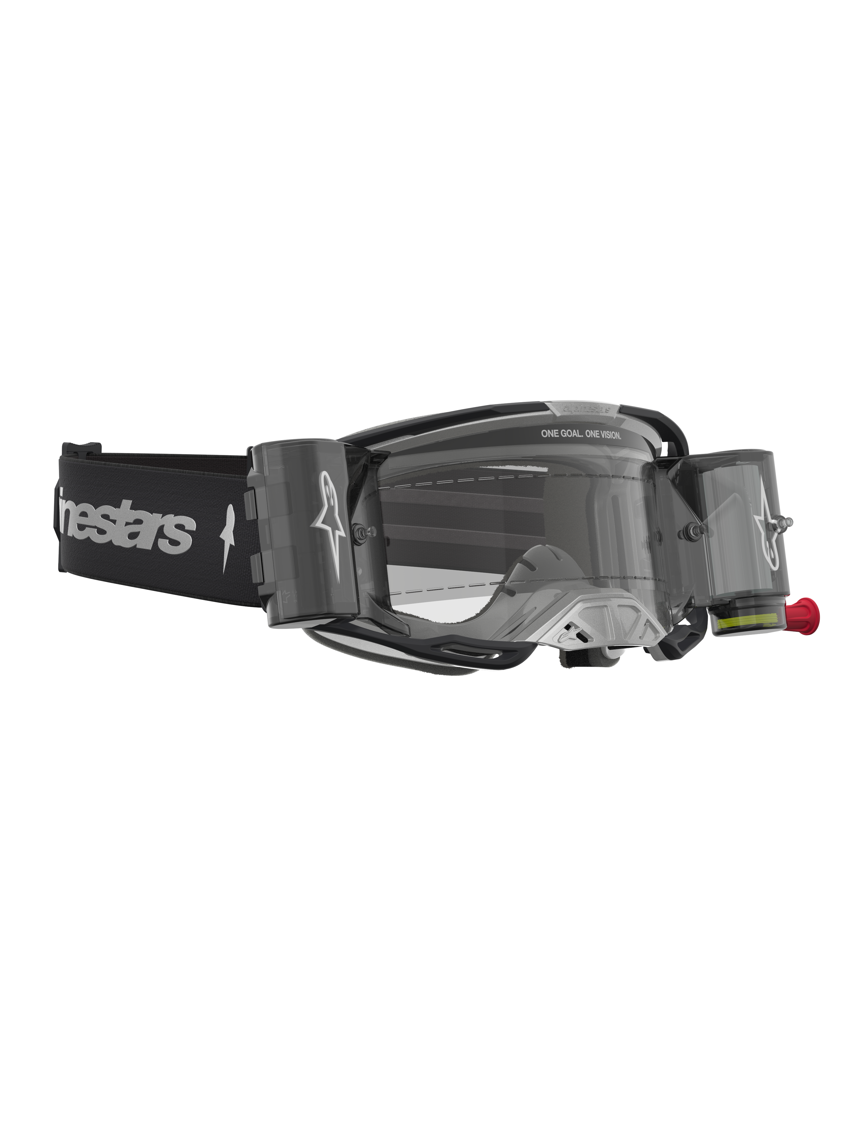Alpinestars Maschere Vision 8 Amber Roll Off, maschere da motocross nere e argento con lente chiara e sistema roll-off.
