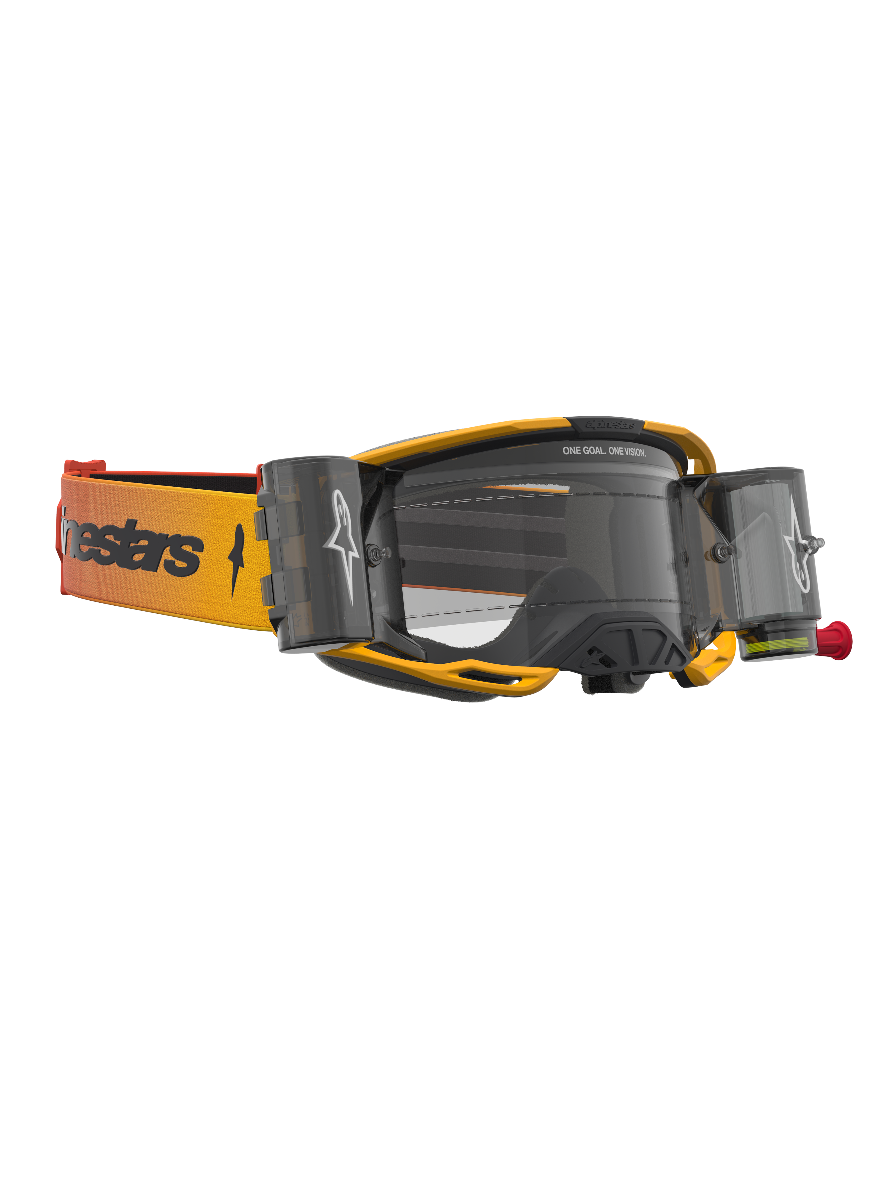 Alpinestars Maschere Vision 8 Amber Roll Off, maschere motocross gialle e nere con lente chiara e sistema roll off.