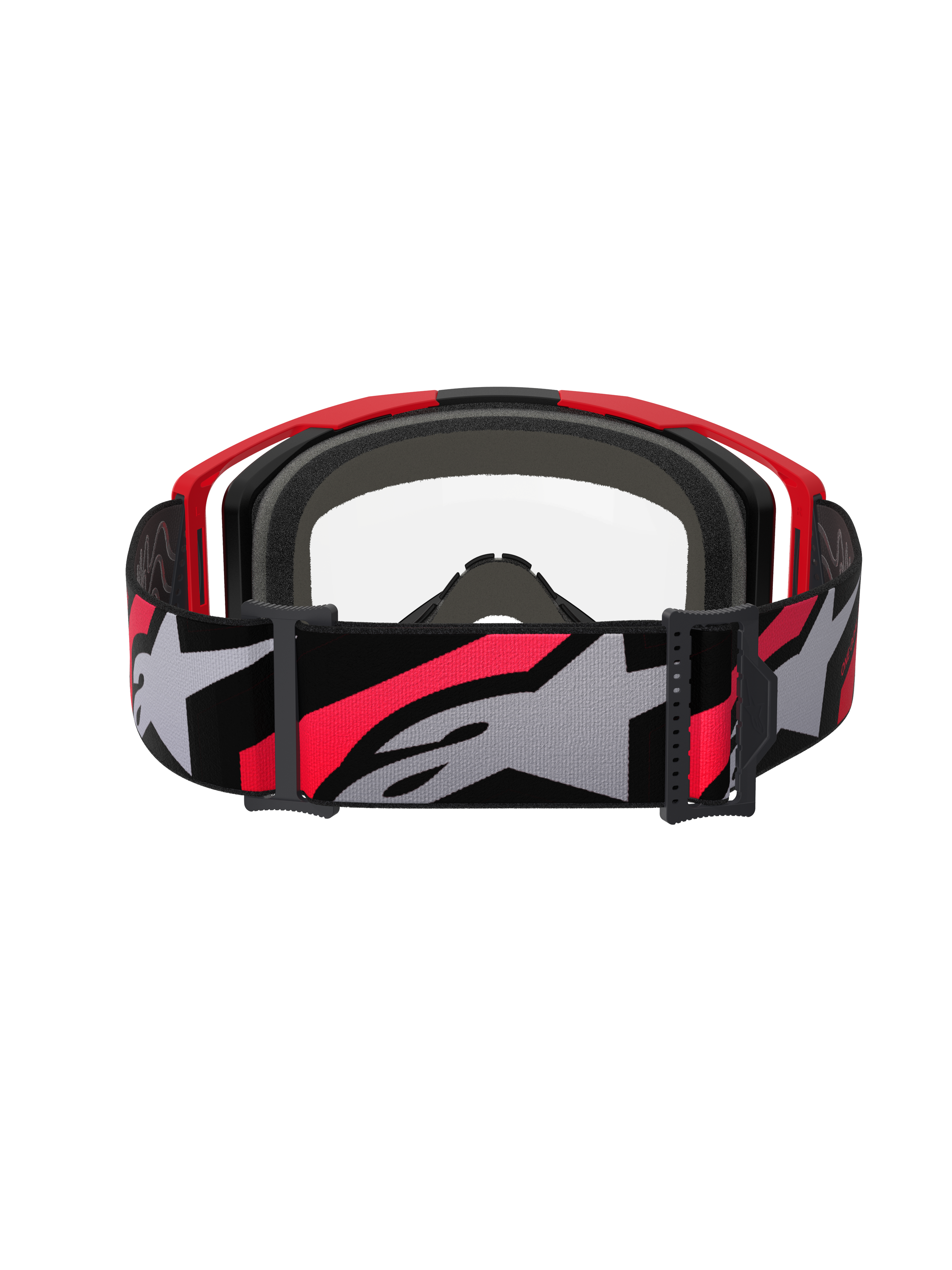 Alpinestars Vision 8 Luar Goggles, occhiali da motocross, rosso, nero e trasparente, vista posteriore con ampia fascia intrecciata con logo a stella, schiuma facciale multistrato e design del telaio leggero A-FLEX