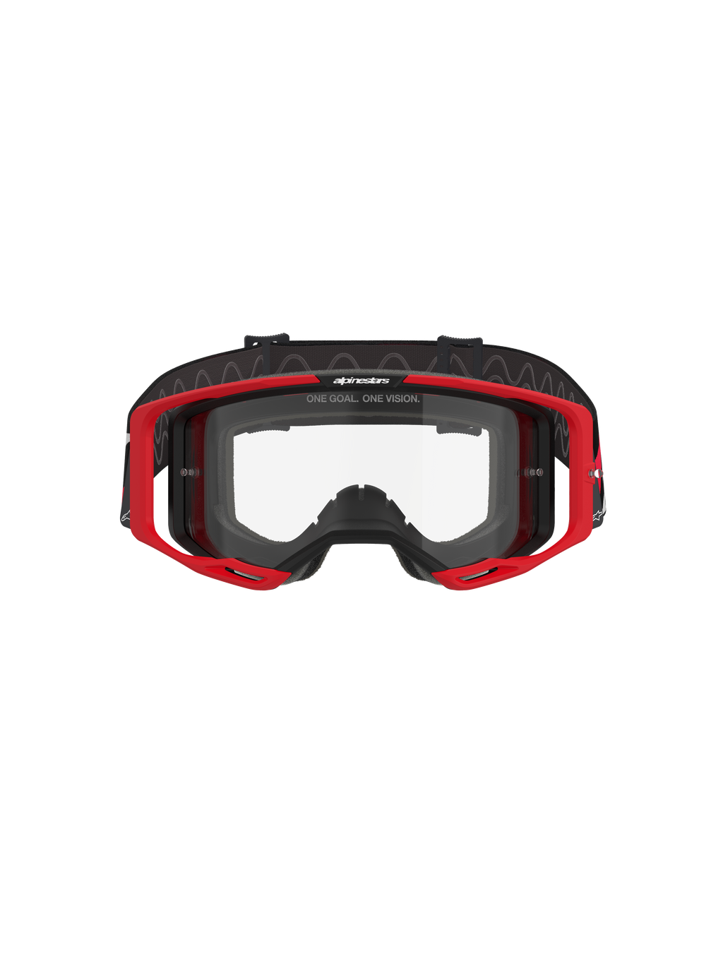 Alpinestars Vision 8 Luar Goggles, occhiali da motocross, rosso, nero e trasparente, con telaio A-FLEX rosso, lente in policarbonato trasparente antiappannamento, fascia intrecciata regolabile nera con logo, protezione per gli occhi ad alte prestazioni per corse fuoristrada