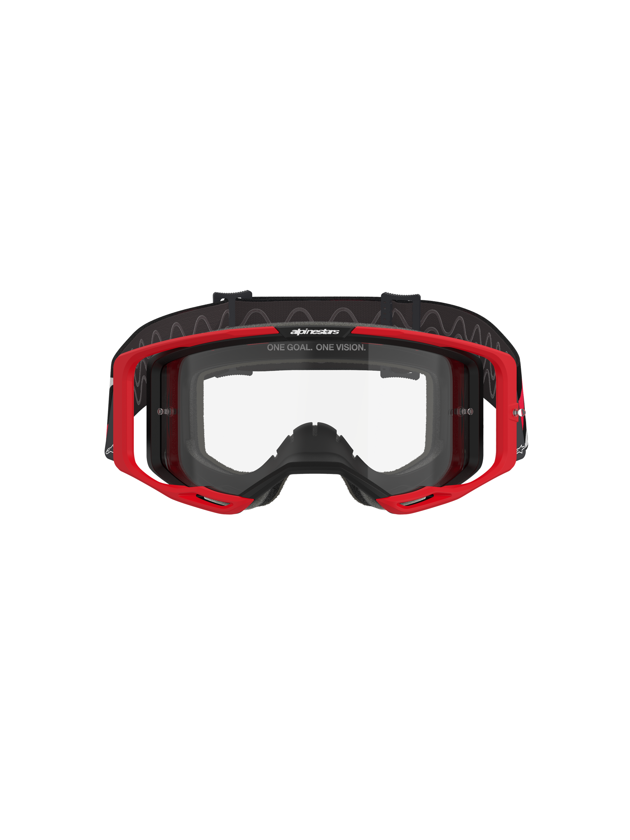 Alpinestars Vision 8 Luar Goggles, occhiali da motocross, rosso, nero e trasparente, con telaio A-FLEX rosso, lente in policarbonato trasparente antiappannamento, fascia intrecciata regolabile nera con logo, protezione per gli occhi ad alte prestazioni per corse fuoristrada
