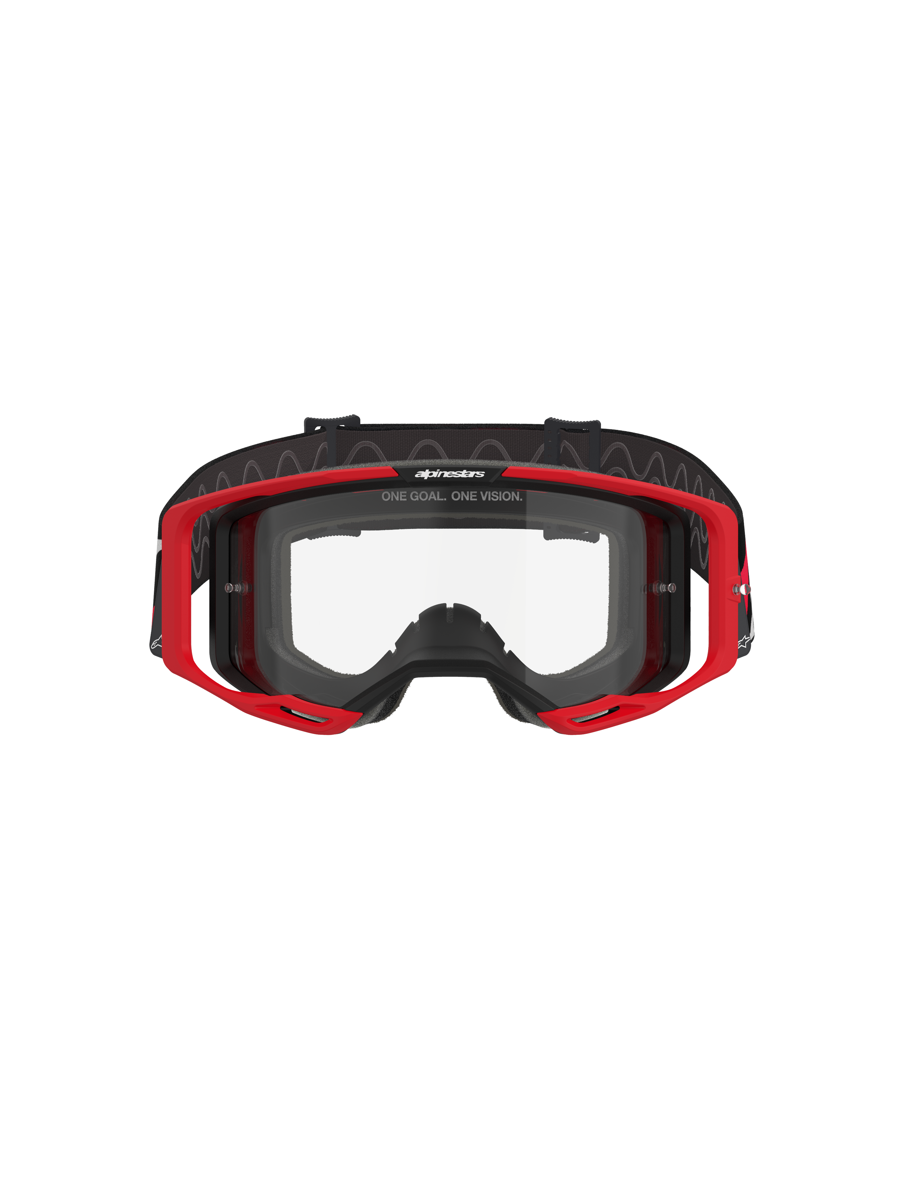Alpinestars Vision 8 Luar Goggles, occhiali da motocross, rosso, nero e trasparente, con telaio A-FLEX rosso, lente in policarbonato trasparente antiappannamento, fascia intrecciata regolabile nera con logo, protezione per gli occhi ad alte prestazioni per corse fuoristrada