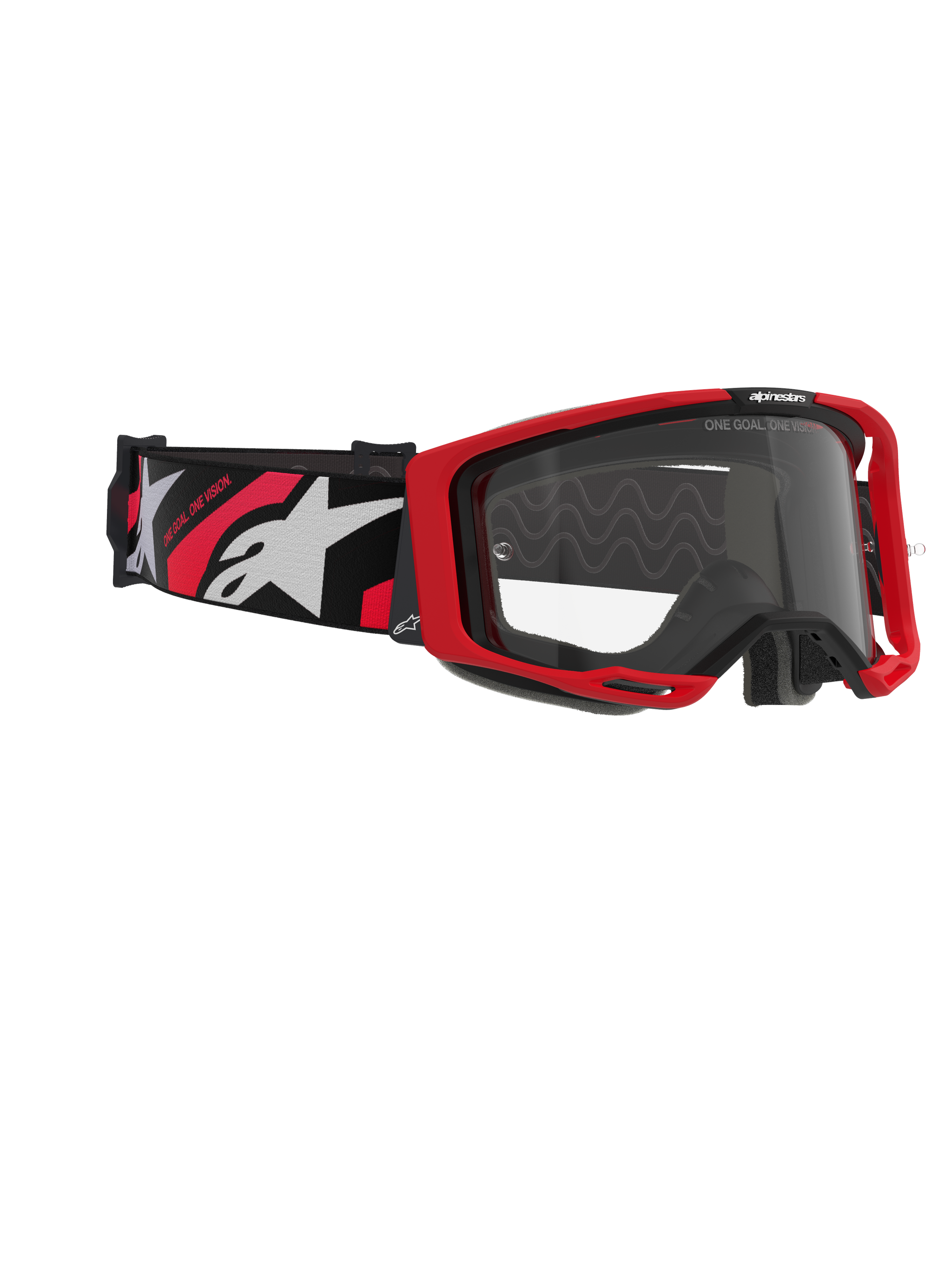 Alpinestars Vision 8 Luar Goggles, occhiali da motocross, rosso, nero e trasparente, con montatura rossa, lente trasparente antiappannamento e fascia nera con loghi bianchi e rossi, protezione professionale per gli occhi per fuoristrada
