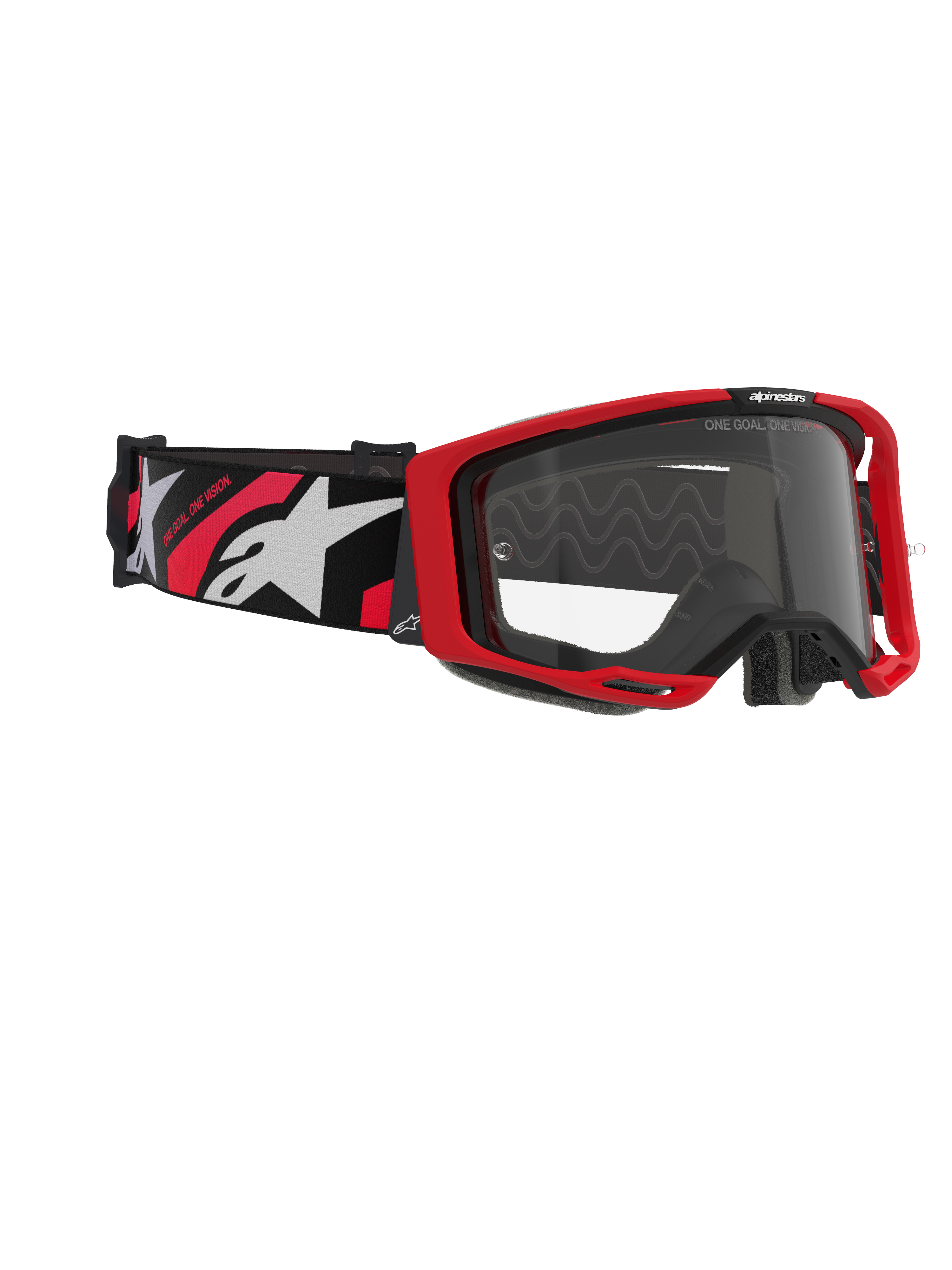 Alpinestars Vision 8 Luar Goggles, occhiali da motocross, rosso, nero e trasparente, con montatura rossa, lente trasparente antiappannamento e fascia nera con loghi bianchi e rossi, protezione professionale per gli occhi per fuoristrada