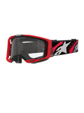 Alpinestars Vision 8 Luar Goggles, occhiali da motocross, rosso e nero con lente trasparente, caratterizzati da un telaio A-FLEX rosso, lente chiara antiappannamento e fascia intrecciata nera con grafiche rosse e bianche e marchio Alpinestars