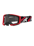 Alpinestars Vision 8 Luar Goggles, occhiali da motocross, rosso e nero con lente trasparente, caratterizzati da un telaio A-FLEX rosso, lente chiara antiappannamento e fascia intrecciata nera con grafiche rosse e bianche e marchio Alpinestars