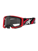 Alpinestars Vision 8 Luar Goggles, occhiali da motocross, rosso e nero con lente trasparente, caratterizzati da un telaio A-FLEX rosso, lente chiara antiappannamento e fascia intrecciata nera con grafiche rosse e bianche e marchio Alpinestars