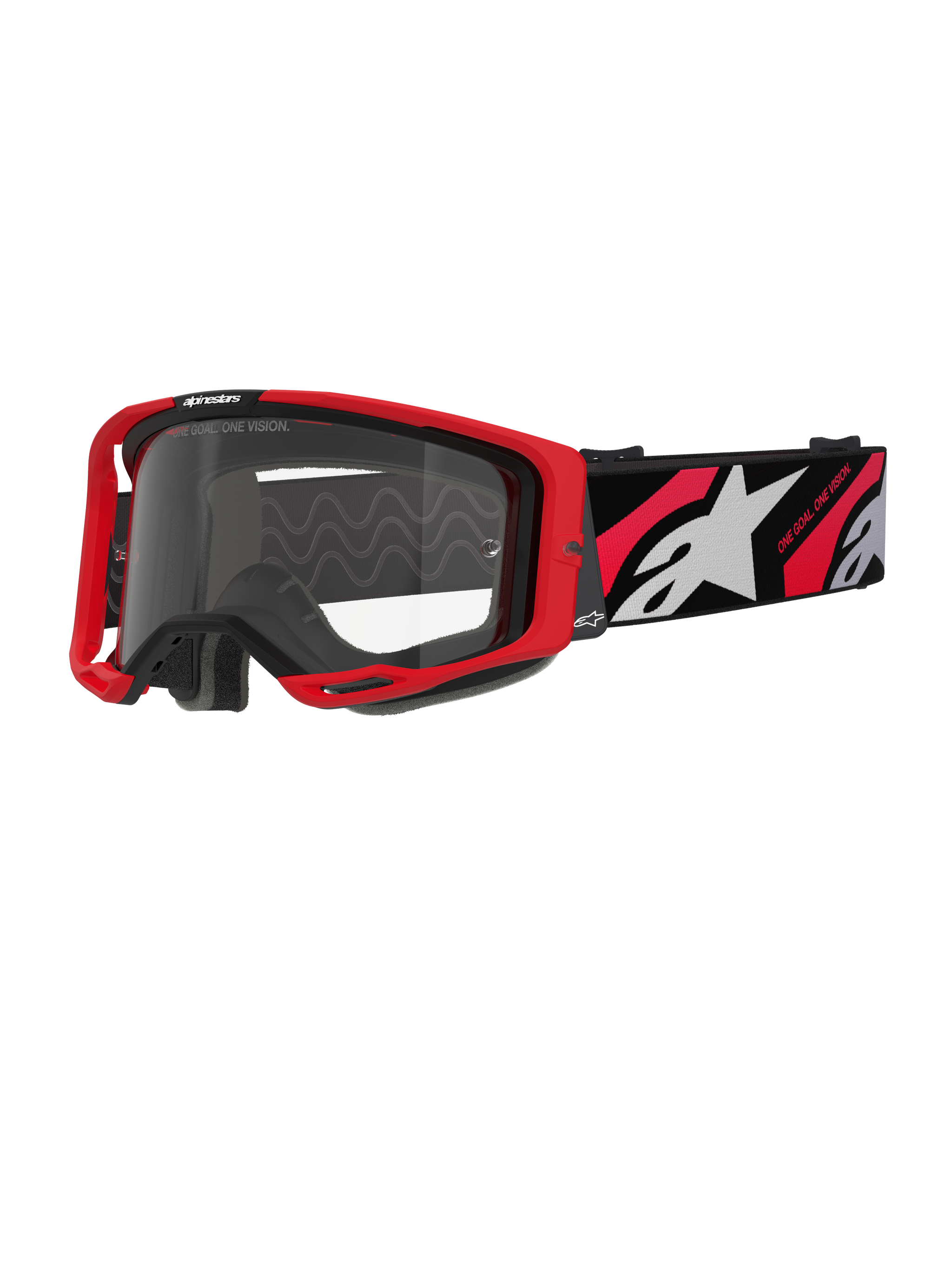 Alpinestars Vision 8 Luar Goggles, occhiali da motocross, rosso e nero con lente trasparente, caratterizzati da un telaio A-FLEX rosso, lente chiara antiappannamento e fascia intrecciata nera con grafiche rosse e bianche e marchio Alpinestars