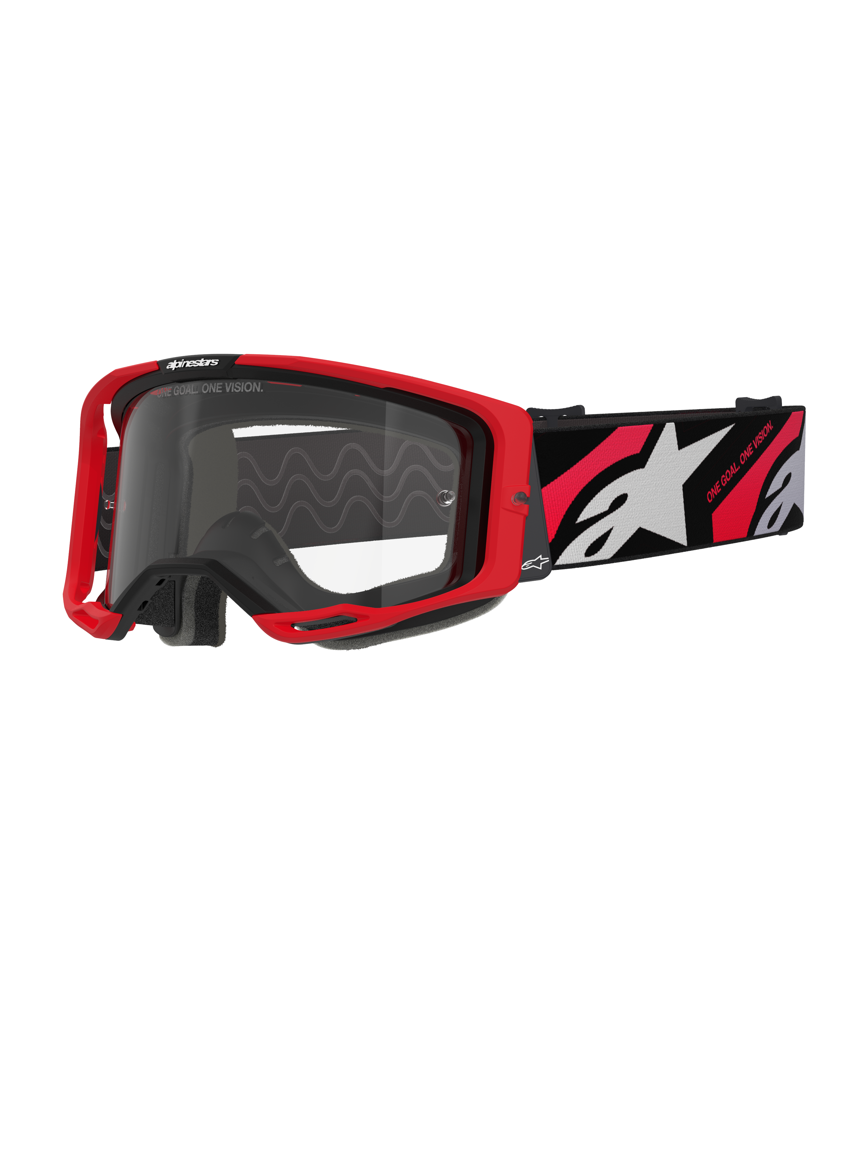 Alpinestars Vision 8 Luar Goggles, occhiali da motocross, rosso e nero con lente trasparente, caratterizzati da un telaio A-FLEX rosso, lente chiara antiappannamento e fascia intrecciata nera con grafiche rosse e bianche e marchio Alpinestars