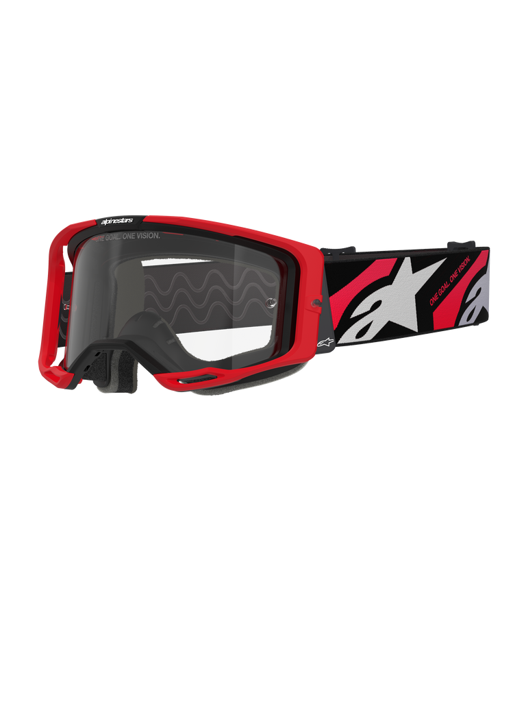 Alpinestars Vision 8 Luar Goggles, occhiali da motocross, rosso e nero con lente trasparente, caratterizzati da un telaio A-FLEX rosso, lente chiara antiappannamento e fascia intrecciata nera con grafiche rosse e bianche e marchio Alpinestars