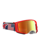 Alpinestars Maschere Supertech LE Fiftyfold, maschere da motocross rosse con cinturino bandiera USA e lenti a specchio rosse.