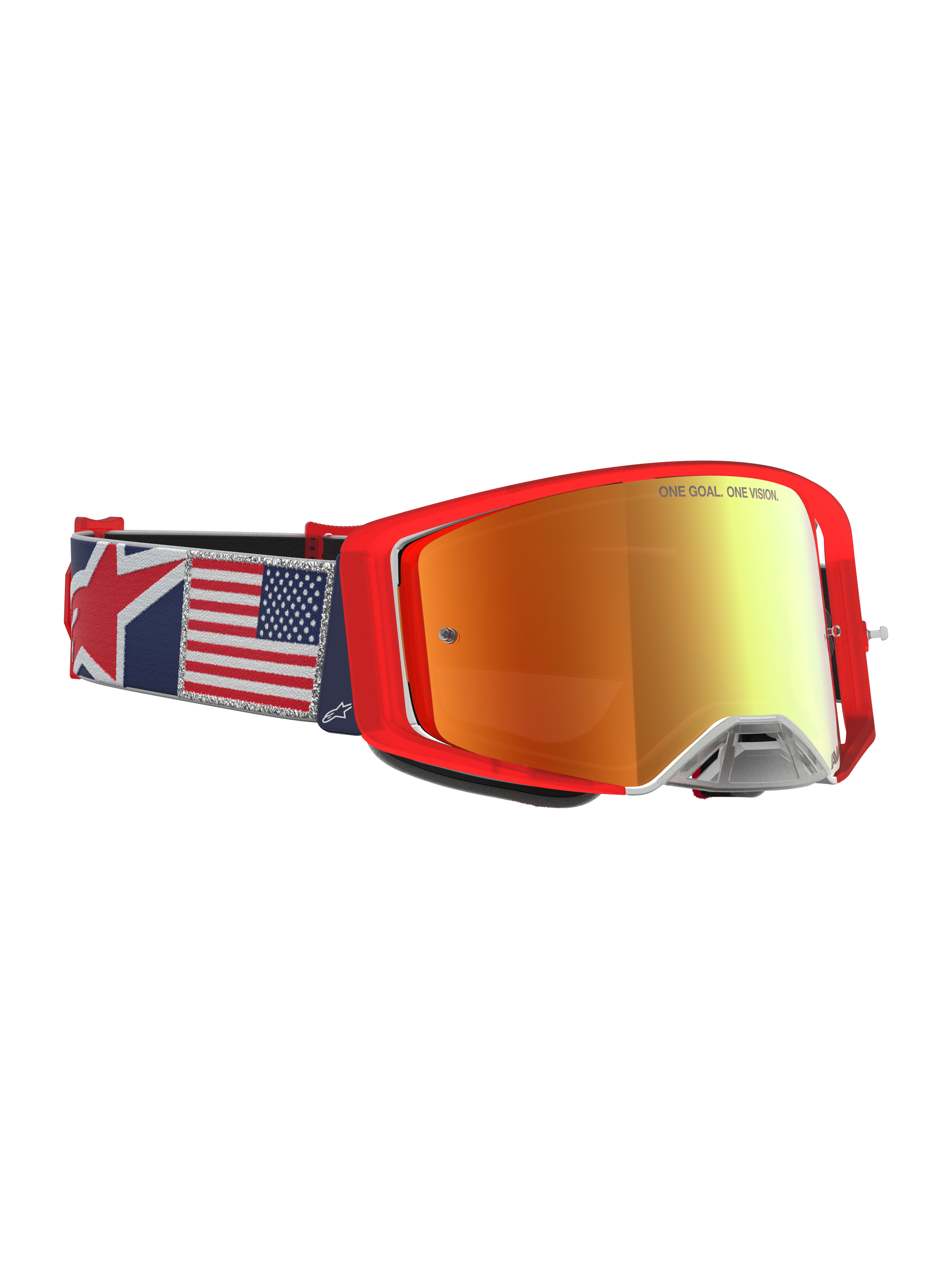 Alpinestars Maschere Supertech LE Fiftyfold, maschere da motocross rosse con cinturino bandiera USA e lenti a specchio rosse.
