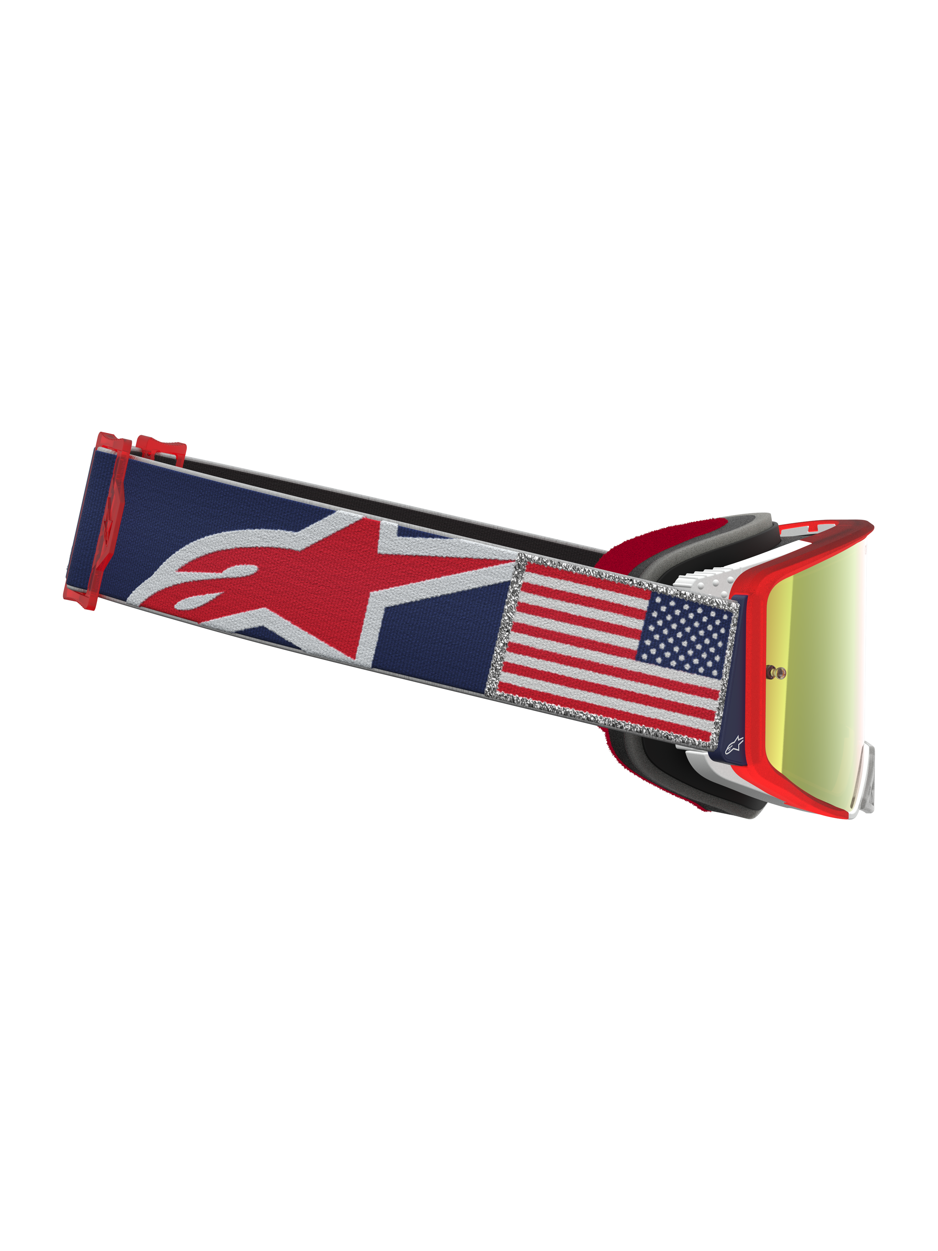 Alpinestars Supertech Fiftyfold edizione limitata, maschere motocross blu e rosse con lente Mirror Red e patch bandiera USA.