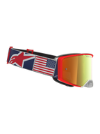 Alpinestars Supertech Fiftyfold Goggles, maschere da motocross blu e rosse, lente dorata e cinturino con bandiera americana.