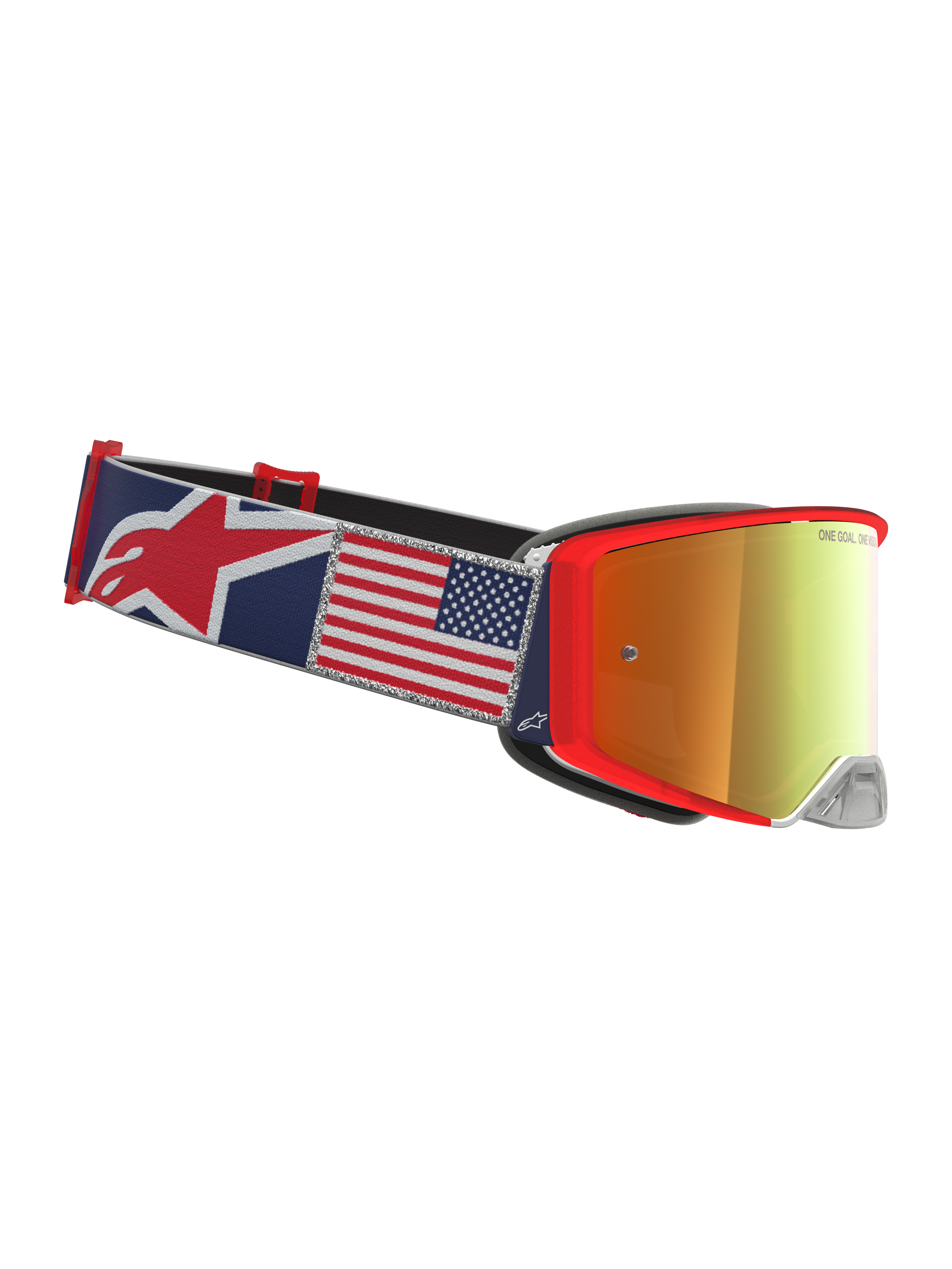 Alpinestars Supertech Fiftyfold Goggles, maschere da motocross blu e rosse, lente dorata e cinturino con bandiera americana.