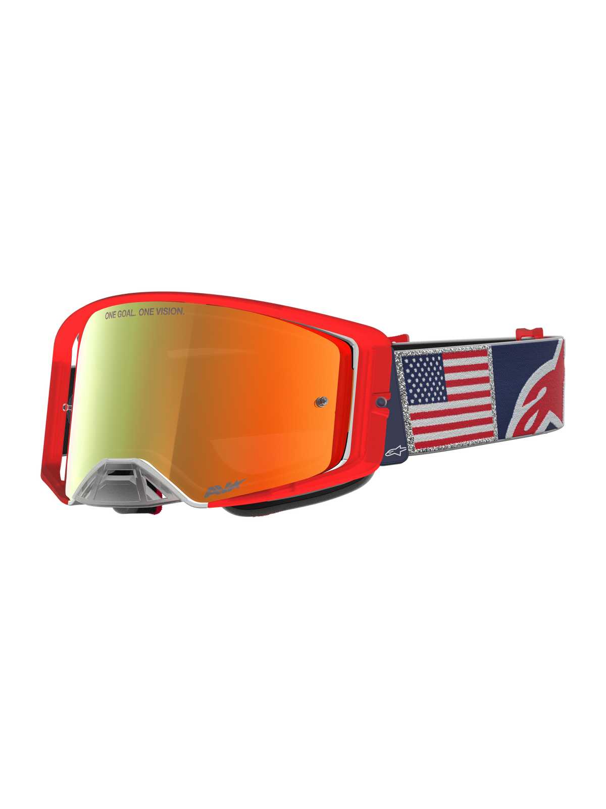 Alpinestars Maschere Supertech LE Fiftyfold, maschere motocross rosse e blu con lente a specchio e fascia con bandiera USA.