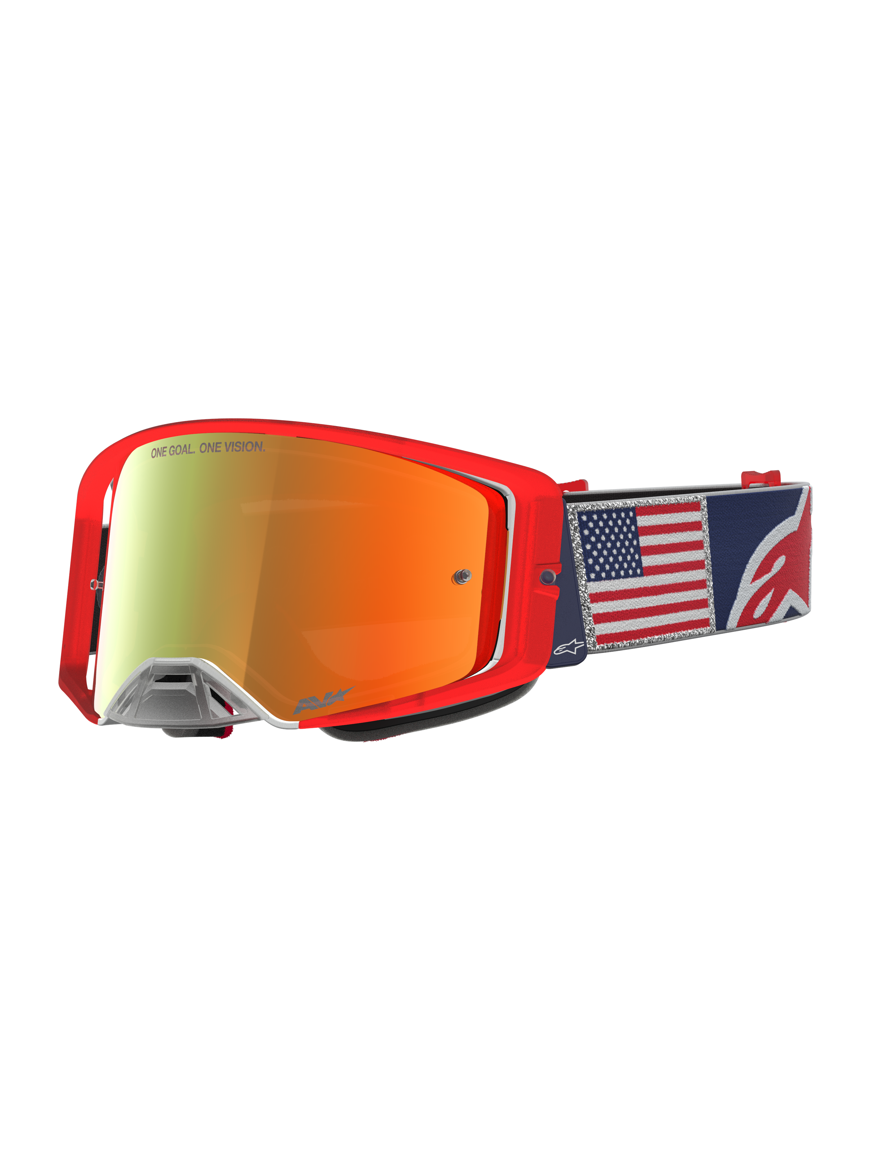 Alpinestars Maschere Supertech LE Fiftyfold, maschere motocross rosse e blu con lente a specchio e fascia con bandiera USA.