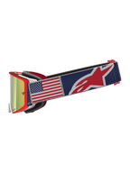 Alpinestars Supertech Fiftyfold, maschere da motocross rosse e blu, lente a specchio e cinturino con bandiera USA.