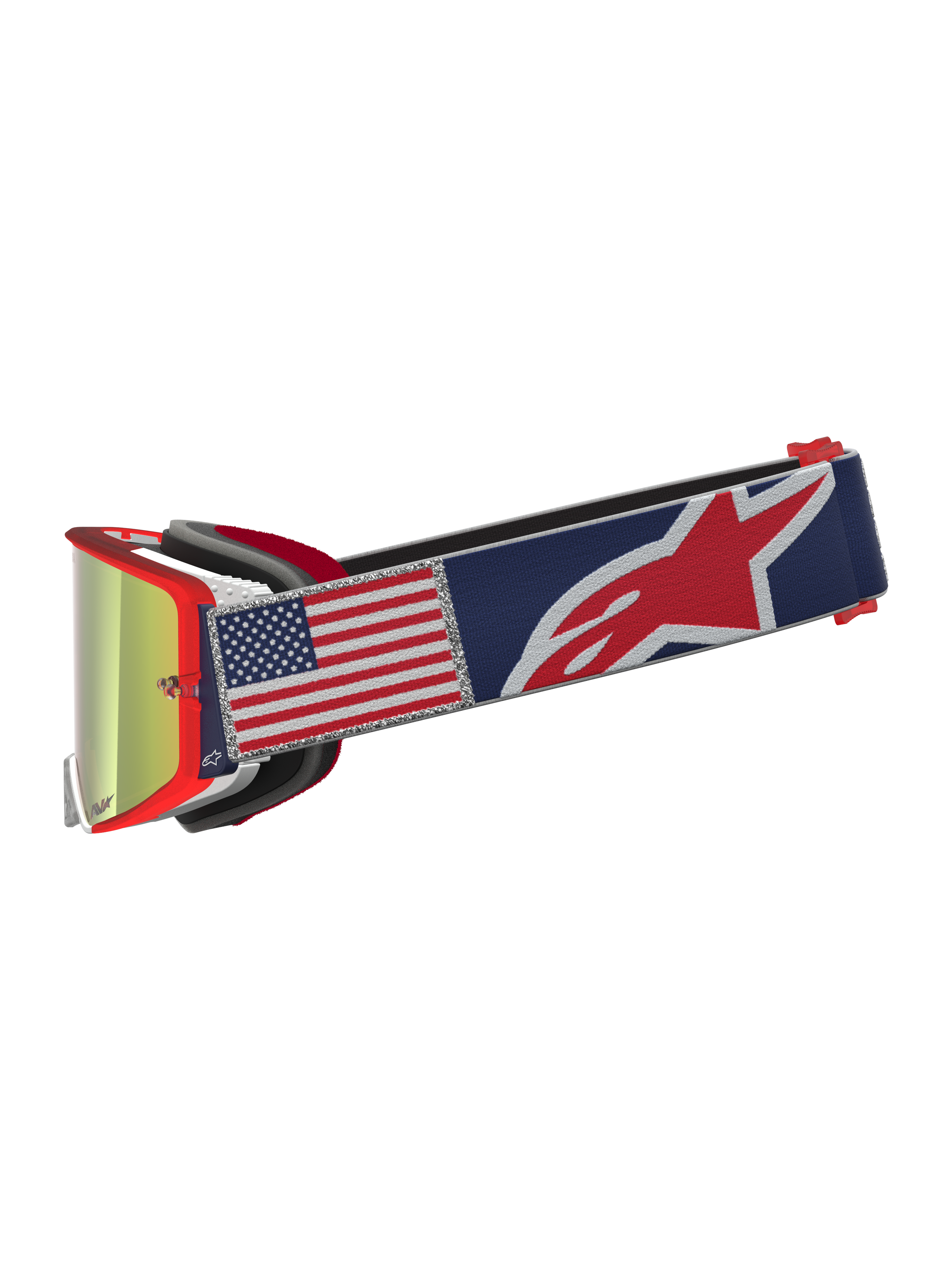 Alpinestars Supertech Fiftyfold, maschere da motocross rosse e blu, lente a specchio e cinturino con bandiera USA.