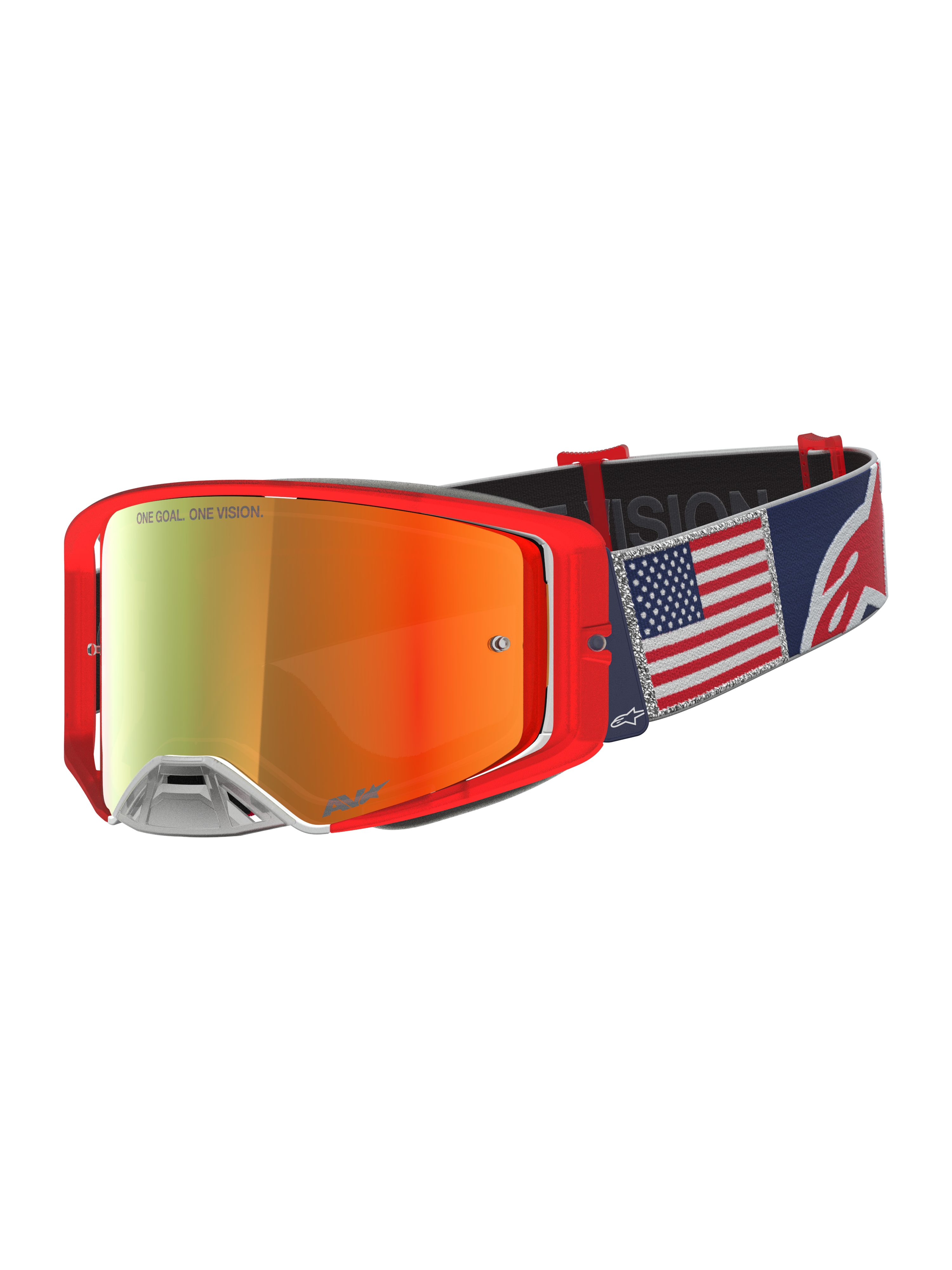Alpinestars maschere Supertech Limited Edition Fiftyfold, rosse e blu, lente rossa a specchio e bandiera americana.