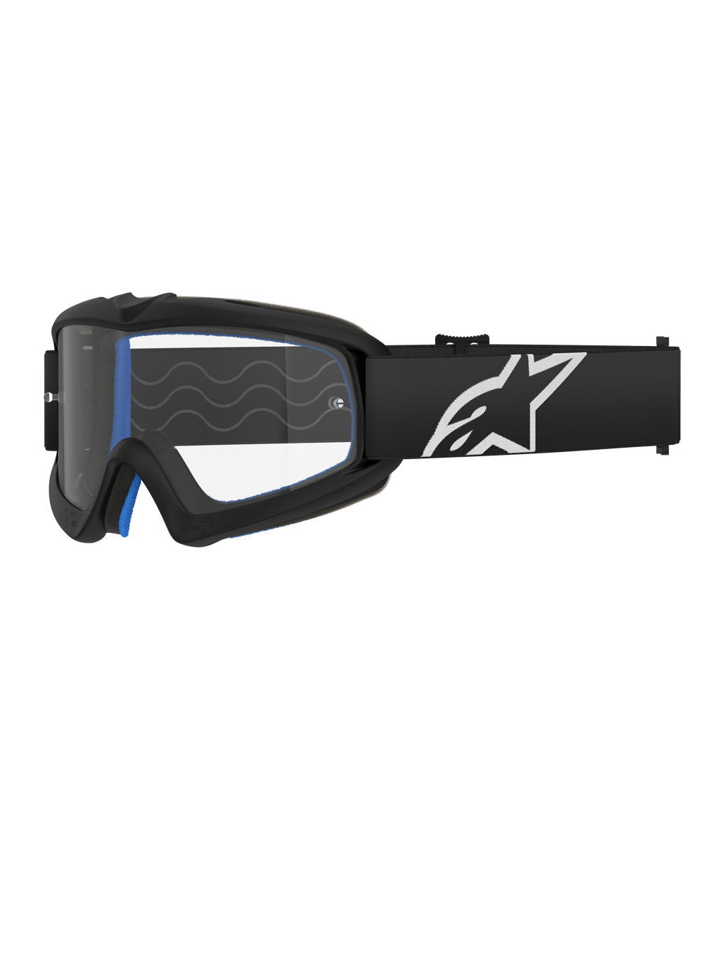 Alpinestars Vision Youth Corp Goggles, occhiali da motocross per ragazzi, neri con imbottitura blu, lente trasparente con motivo a onde, cinturino nero con logo a stella bianco, design moderno e aerodinamico