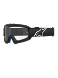 Alpinestars Vision Youth Corp Goggles, occhiali da motocross per ragazzi, neri con imbottitura blu, lente trasparente con motivo a onde, cinturino nero con logo a stella bianco, design moderno e aerodinamico