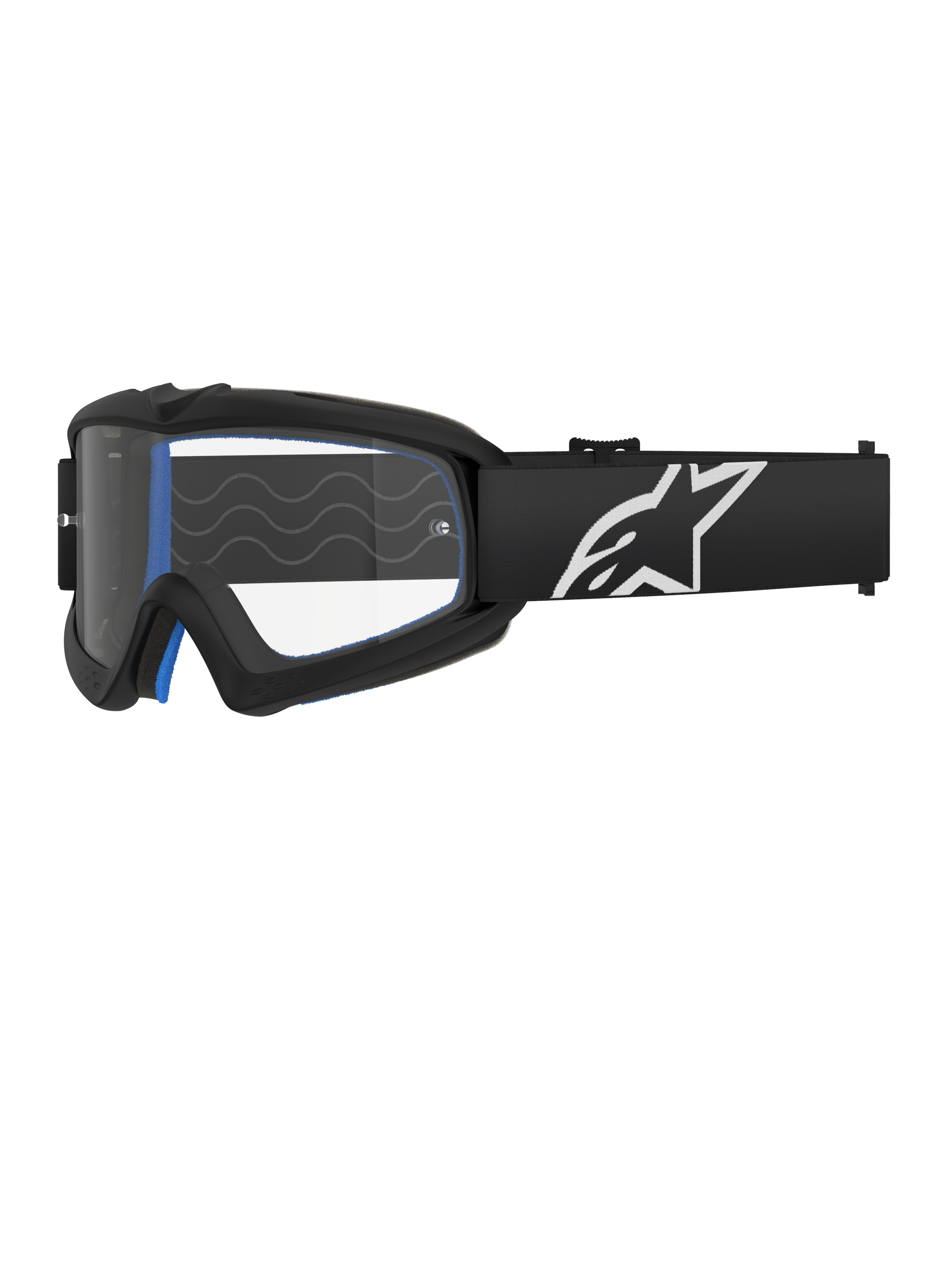 Alpinestars Vision Youth Corp Goggles, occhiali da motocross per ragazzi, neri con imbottitura blu, lente trasparente con motivo a onde, cinturino nero con logo a stella bianco, design moderno e aerodinamico