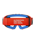 Occhiali Alpinestars Vision Youth Corp, occhiali da motocross, arancione con lente trasparente, vista posteriore con fascia arancione e slogan Alpinestars bianco, schiuma facciale interna blu e lente in policarbonato trasparente