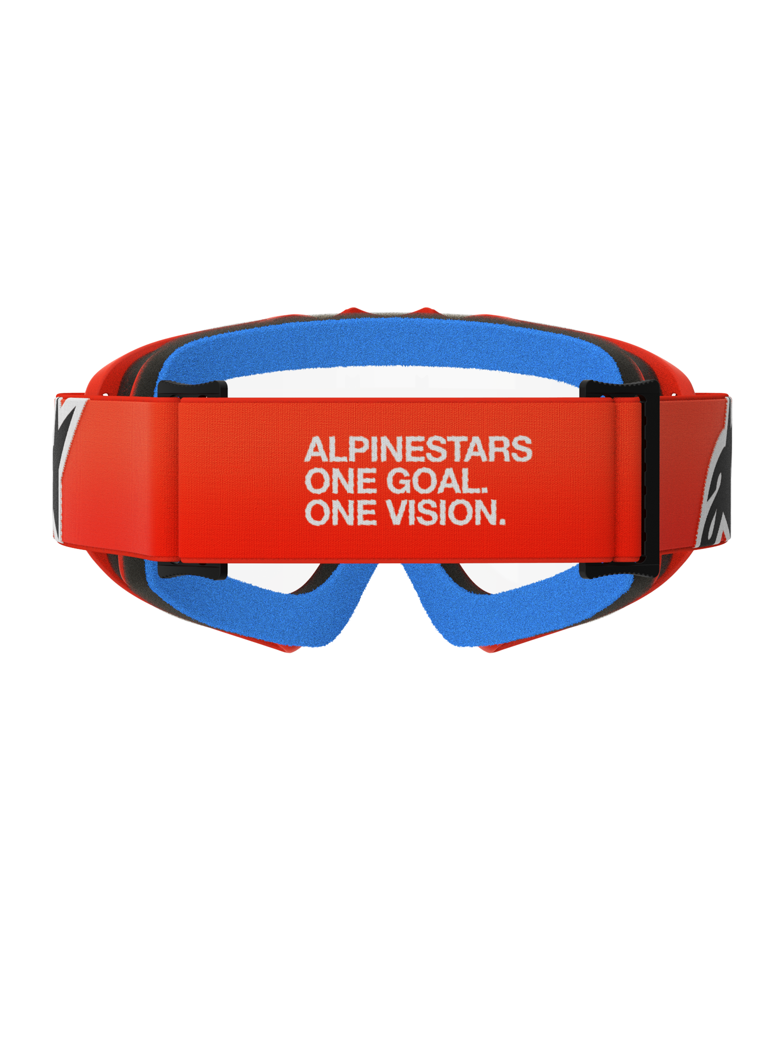 Occhiali Alpinestars Vision Youth Corp, occhiali da motocross, arancione con lente trasparente, vista posteriore con fascia arancione e slogan Alpinestars bianco, schiuma facciale interna blu e lente in policarbonato trasparente
