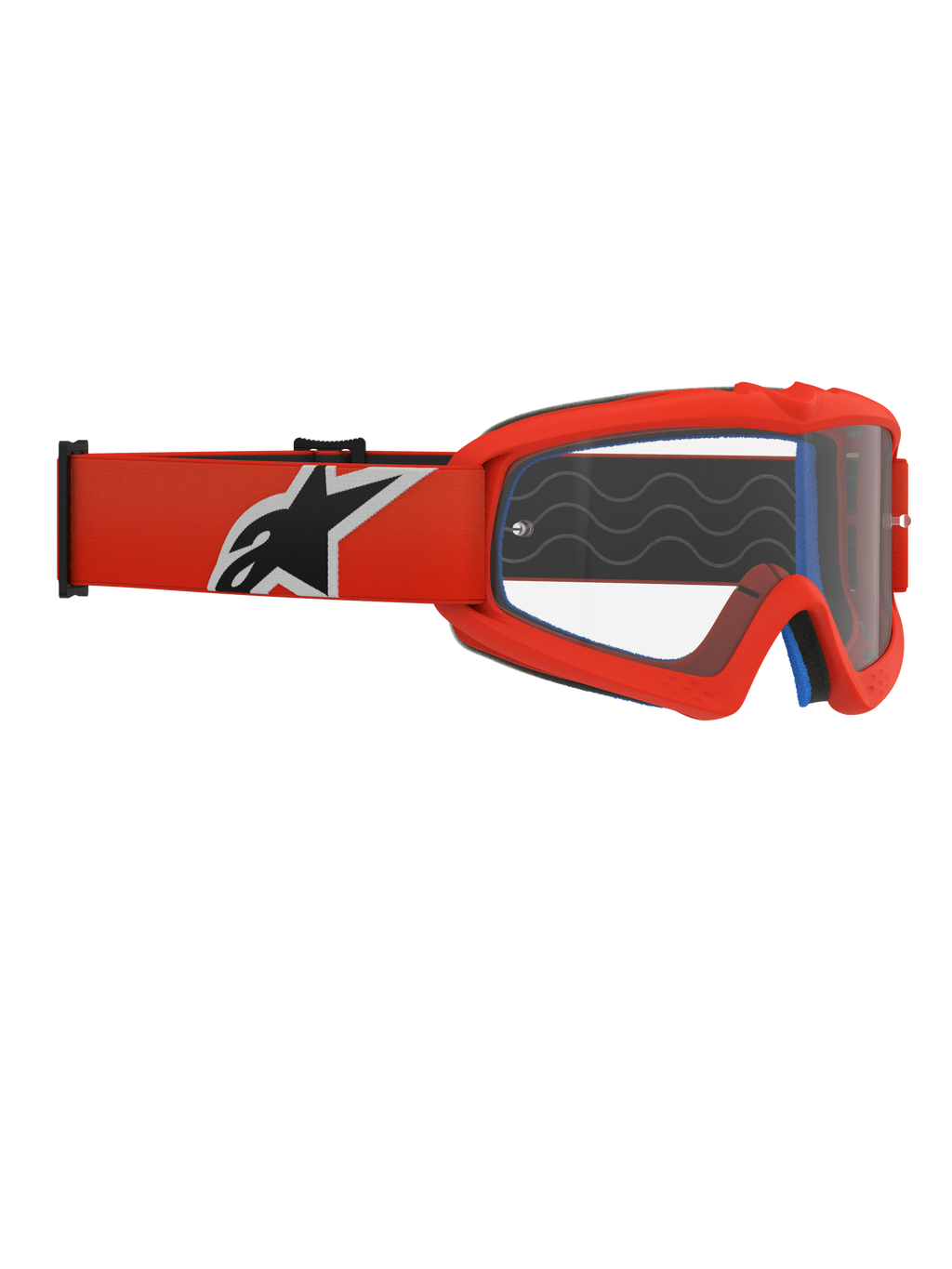 Occhiali Alpinestars Vision Youth Corp, occhiali da motocross per ragazzi, montatura arancione e lente trasparente, fascia arancione con logo Alpinestars nero e bianco, schiuma facciale blu visibile, onde in silicone antiscivolo, lente in policarbonato antiappannamento per gare fuoristrada