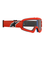 Occhiali Alpinestars Vision Youth Corp, occhiali da motocross per ragazzi, montatura arancione e lente trasparente, fascia arancione con logo Alpinestars nero e bianco, schiuma facciale blu visibile, onde in silicone antiscivolo, lente in policarbonato antiappannamento per gare fuoristrada