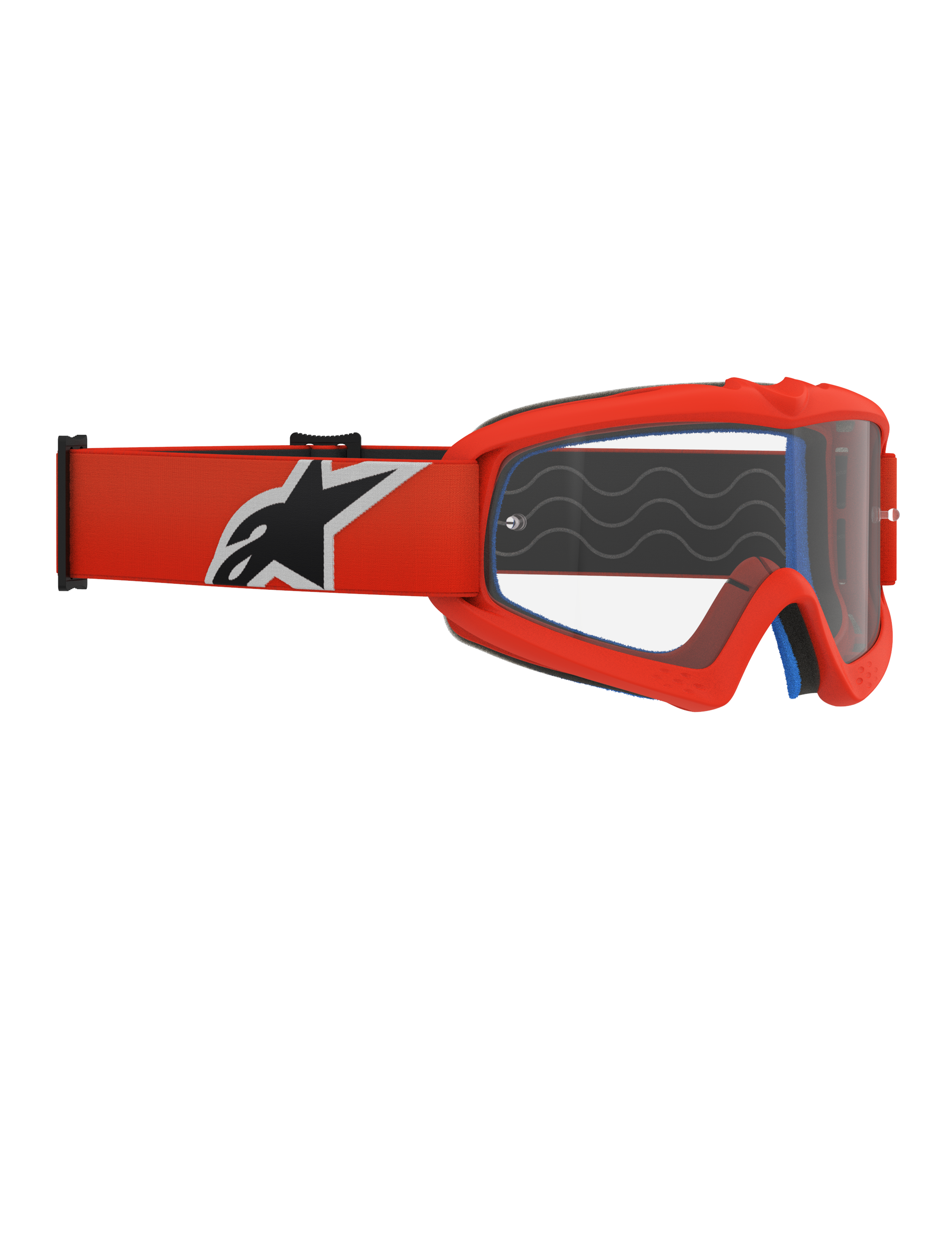 Occhiali Alpinestars Vision Youth Corp, occhiali da motocross per ragazzi, montatura arancione e lente trasparente, fascia arancione con logo Alpinestars nero e bianco, schiuma facciale blu visibile, onde in silicone antiscivolo, lente in policarbonato antiappannamento per gare fuoristrada