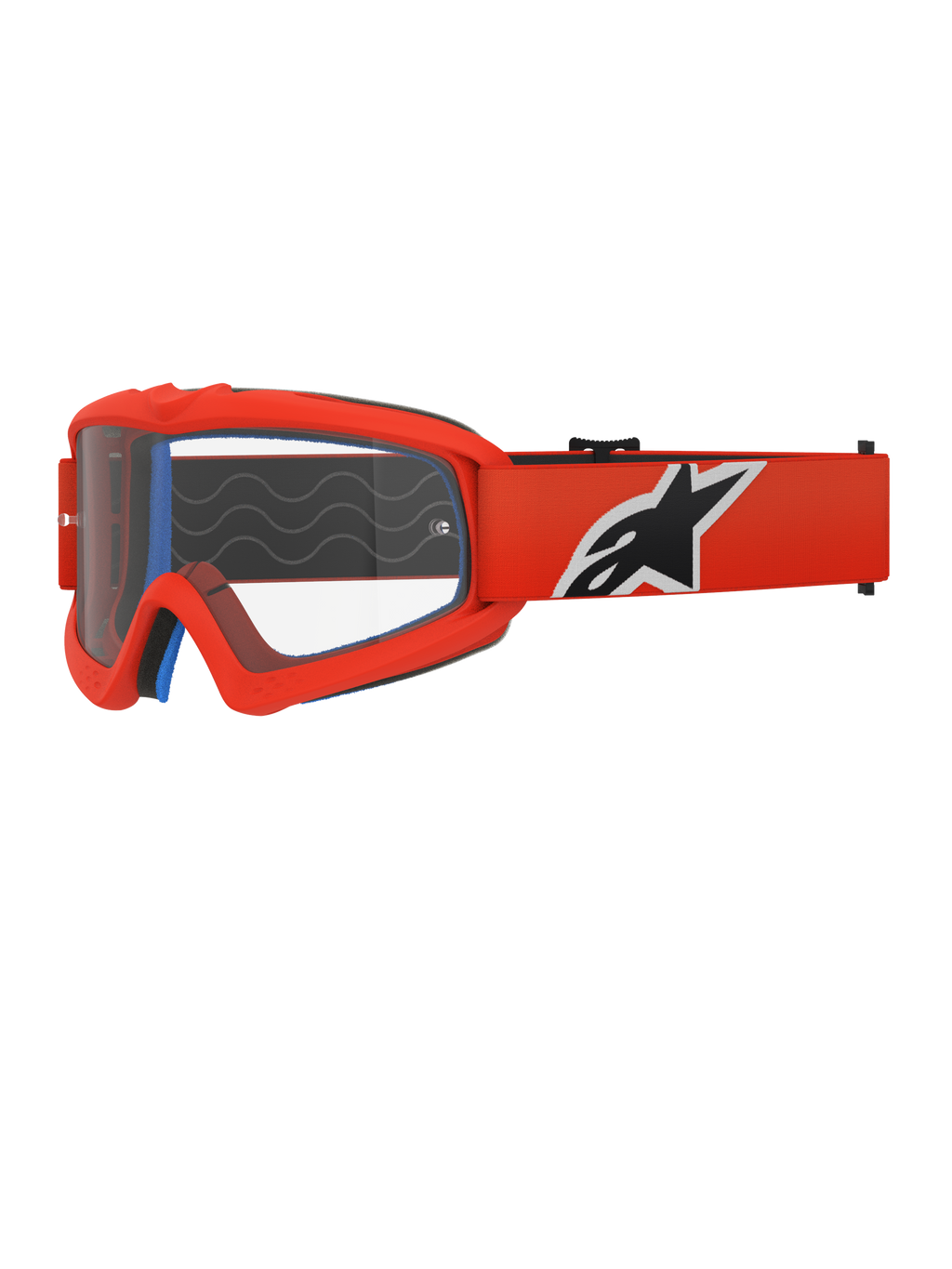Occhiali Alpinestars Vision Youth Corp, occhiali da motocross, arancione e trasparente, con montatura arancione e ampia fascia con logo nero e bianco, lente trasparente antiappannamento, progettati per giovani piloti e gare fuoristrada.