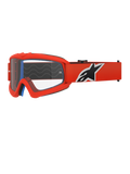 Occhiali Alpinestars Vision Youth Corp, occhiali da motocross, arancione e trasparente, con montatura arancione e ampia fascia con logo nero e bianco, lente trasparente antiappannamento, progettati per giovani piloti e gare fuoristrada.