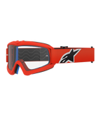 Occhiali Alpinestars Vision Youth Corp, occhiali da motocross, arancione e trasparente, con montatura arancione e ampia fascia con logo nero e bianco, lente trasparente antiappannamento, progettati per giovani piloti e gare fuoristrada.