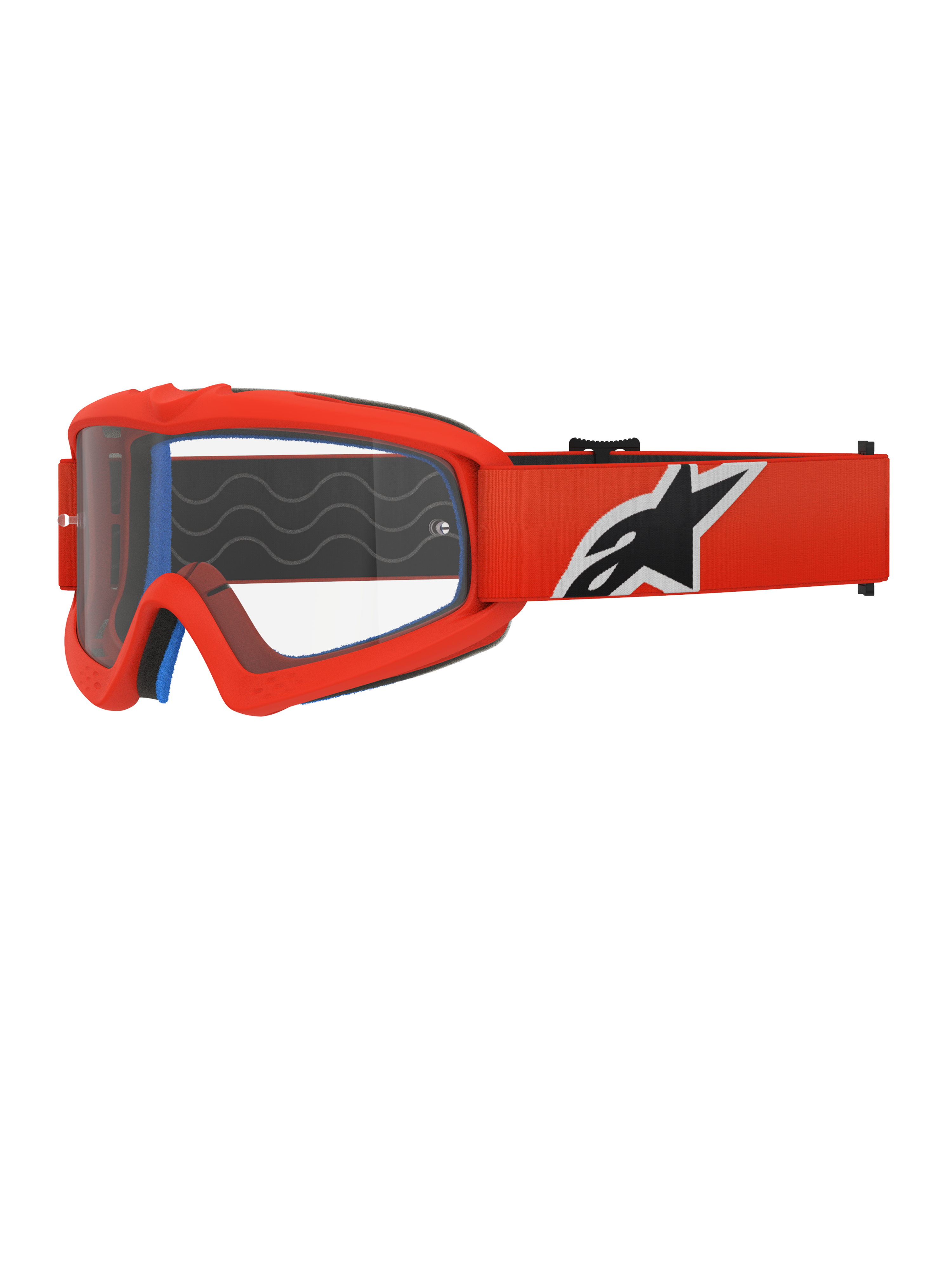 Occhiali Alpinestars Vision Youth Corp, occhiali da motocross, arancione e trasparente, con montatura arancione e ampia fascia con logo nero e bianco, lente trasparente antiappannamento, progettati per giovani piloti e gare fuoristrada.