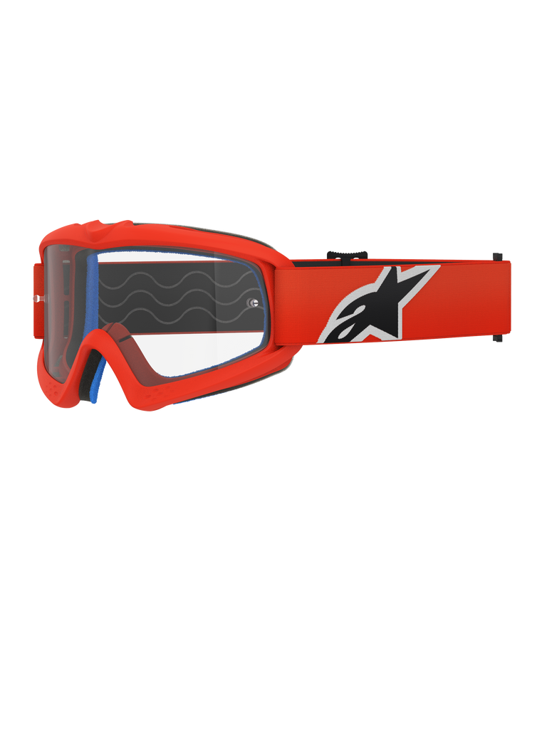 Occhiali Alpinestars Vision Youth Corp, occhiali da motocross, arancione e trasparente, con montatura arancione e ampia fascia con logo nero e bianco, lente trasparente antiappannamento, progettati per giovani piloti e gare fuoristrada.